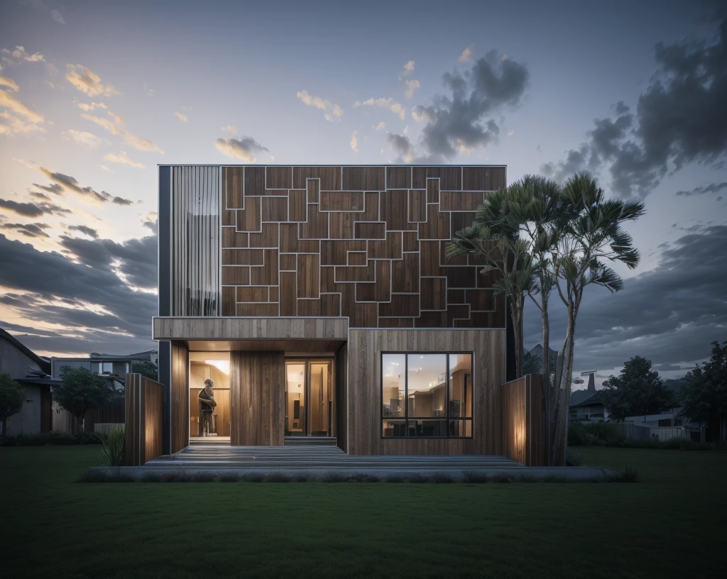 photorealistic, modern house,facade,modern,512k,high detailed, photoreal, award winning, large glass window on the right side, wooden planks stacks on the upper floor on the left side, grass, plants, trees, evening, interior lights,((travertine stone façade))
award winning, extremely detailed,