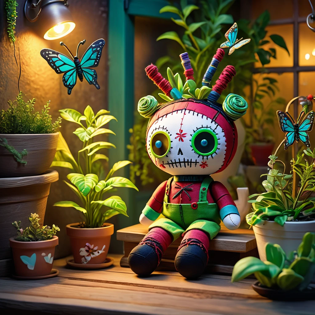 (knitted toy voodoo doll:1.7), (Voodoo Doll Patio Gardener:1.3), (Clothing: casual gardening attire with floral patterns:1.0), (Accessories: enchanted watering can emitting green light, levitating plant pots:1.1), (background: sunny veranda with floating plants, glowing planters, and spectral butterflies:1.2), best quality, masterpiece, detailed soft oil painting, detailed background, dramatic cinematic lighting, soft edge lighting, professional, dramatic lighting, hard edge lighting, ultra quality, 4k,masterpiece, best quality, 8k, ultra highres, highres, extremely detailed