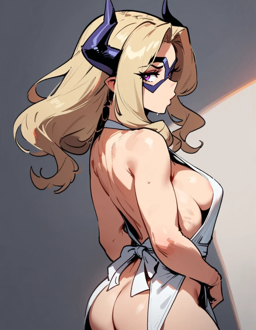 1girl, mount lady, boku no hero academia \\\\\ masterpiece, best quality, very aesthetic, absurdres, newest \\\\\\ sportive body, \\\\\\ by dodok, nyantcha, cutesexyrobutts, by khyle ///// blonde, purple eyes, , 24 years old,, wearing only apron, , naked, rating general, hands behind back