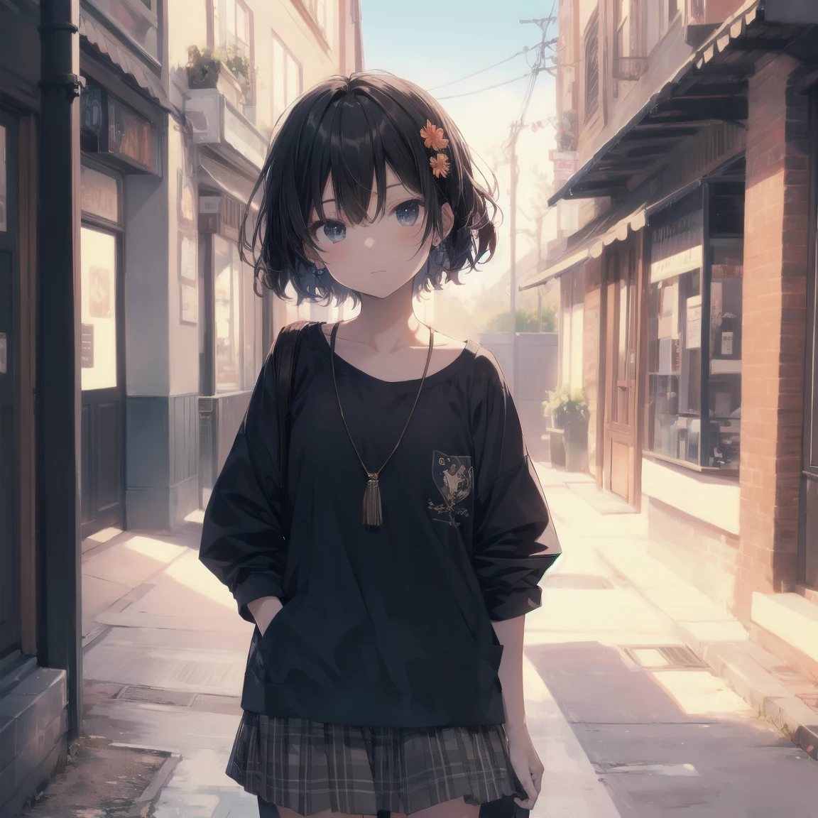 Super high quality, super detailed, high resolution, anime moe art style, best anime 8k kona-chan wallpaper by artgod, pixiv contest winner, perfect anatomy, break, (draw a girl sleepily walking alone to school. ), break, 1 girl, (alone, change,,:1.3), perfect limbs, perfect fingers, elementary school, bisexual attraction, shaggy hair, flat chest, small ass, crotch, (short black hair), big red flower hair ornament, yellow eyes, small eyes, beautiful elaborate black eyes, well-proportioned iris and pupils, disgusted eyes, high resolution detailed hair, , skirt, schoolbag. Breaking,very detailed skin, best lighting by famous artist, 8k, cute illustration,.