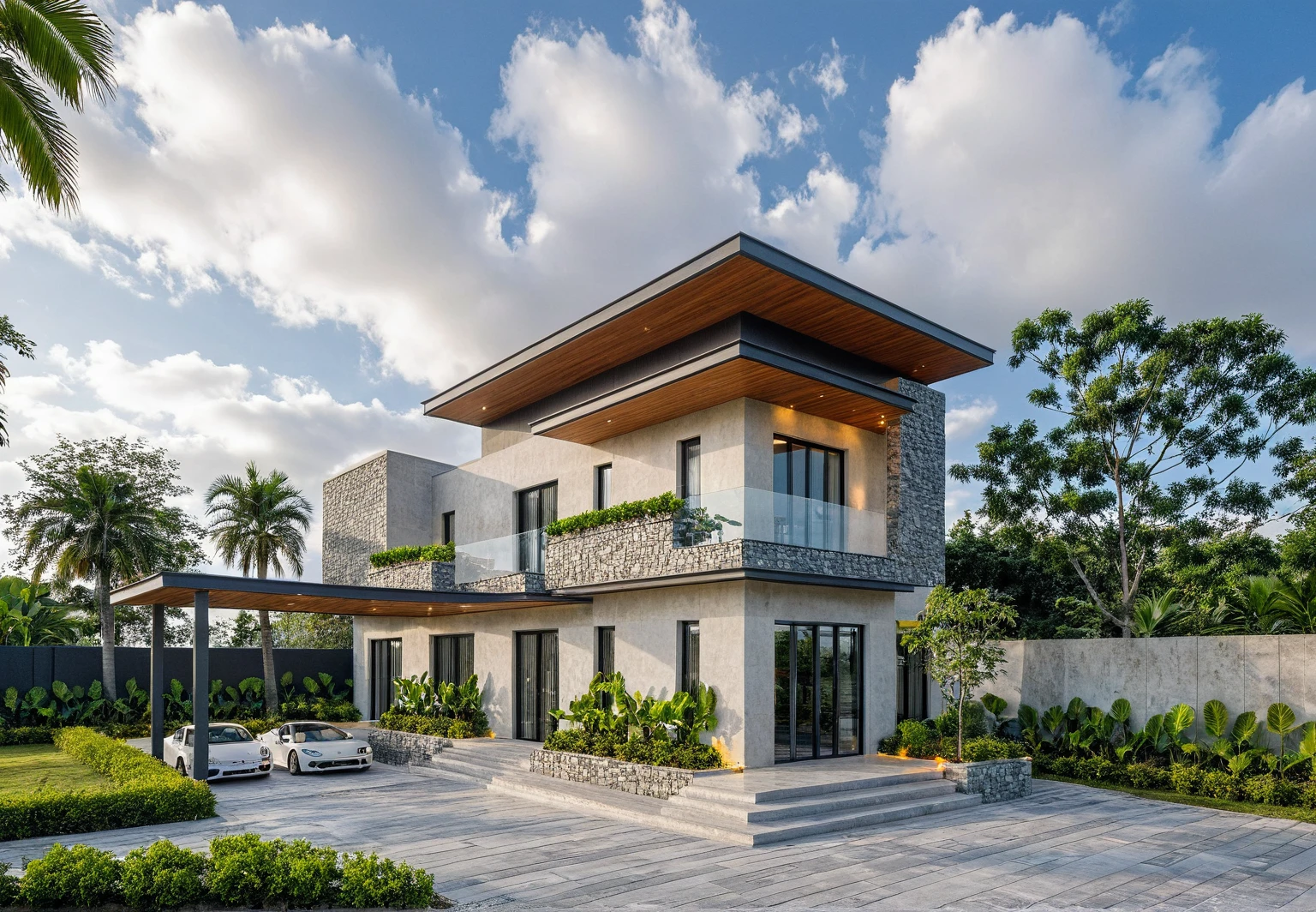 Masterpiece, high quality, best quality, authentic, super detail, outdoors, onestoreyvillaXL, aiai, aiaigroup, wall stone, house style modern on the street ,stairs, white wall ,road,pavement, grass, trees, sky, cloud, (daylight:1.1)