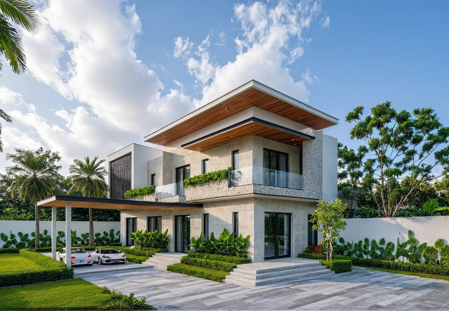 Masterpiece, high quality, best quality, authentic, super detail, outdoors, onestoreyvillaXL, aiai, aiaigroup, wall stone, house style modern on the street ,stairs, white wall ,road,pavement, grass, trees, sky, cloud, (daylight:1.1)