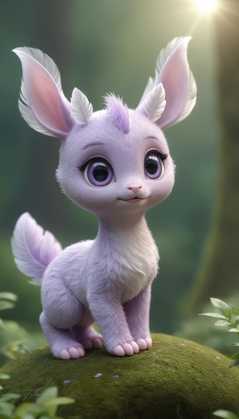 Cute unidentified creature、A soft, pastel lavender body、Cute eyes、Small ears、small limbs、Big shiny feather、Sparkly spiral horns、Floating softly、Background: New Zealand、photograph、Highest quality、４K