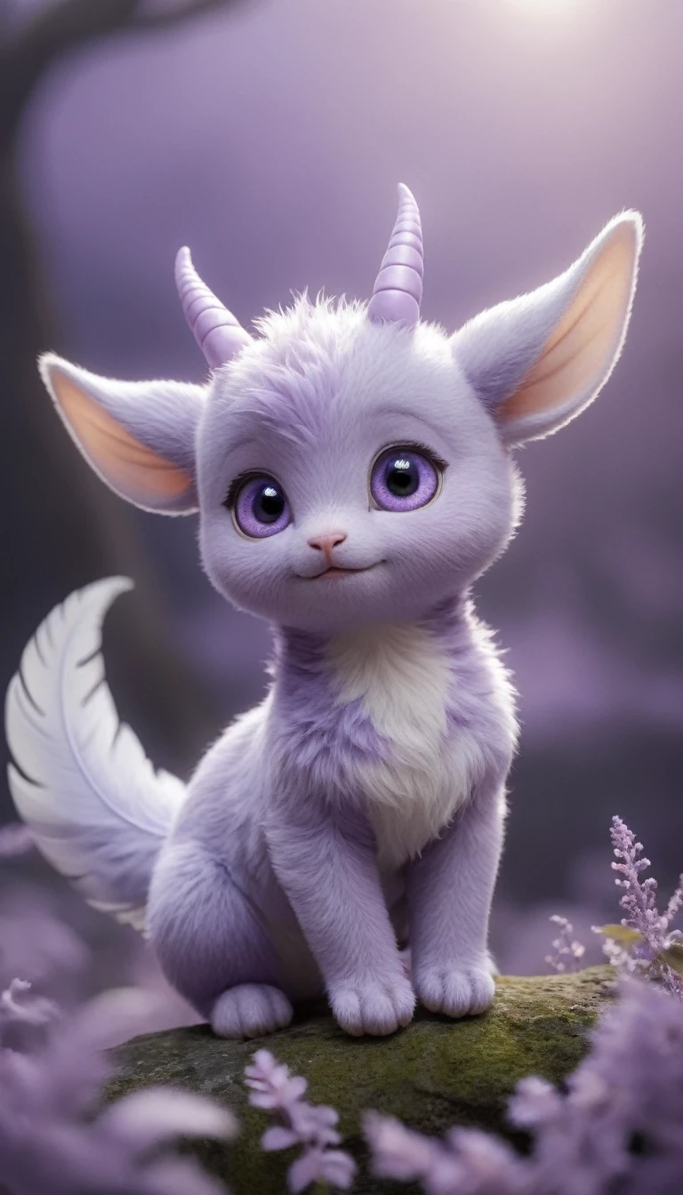 Cute unidentified creature、A soft, pastel lavender body、Cute eyes、Small ears、small limbs、Big shiny feather、Sparkly spiral horns、Floating softly、Background: New Zealand、photograph、Highest quality、４K