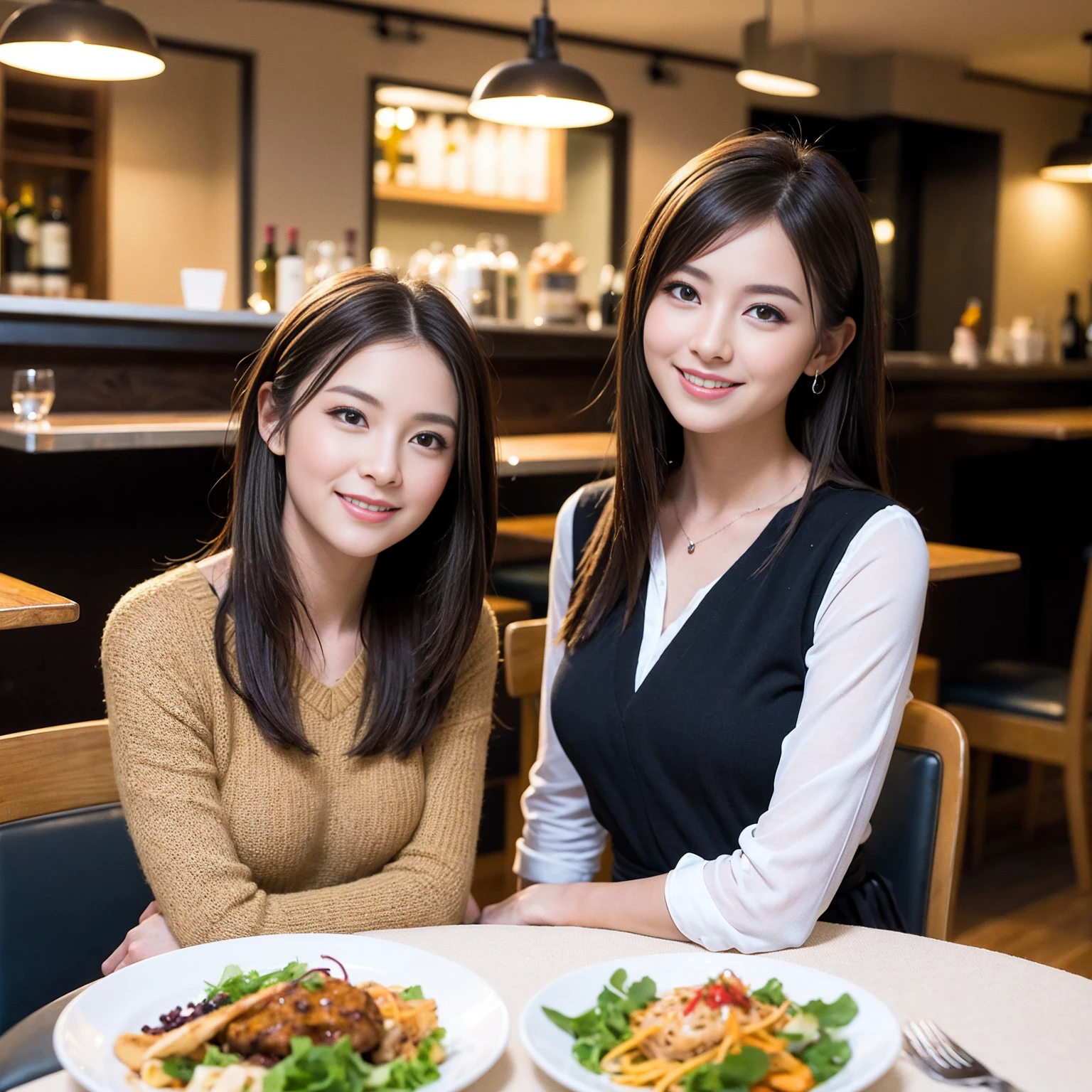 ((Highest quality、8K、masterpiece:1.3))、1 male、1 female、Couple、spouse、Couple、The body is slim、((Bob Hale、Straight hair:1.2)), (Realistic, Intricate details:1.2), テーブルの上のwine glass、Shine light on your face、 Amazing view of the sunset sky and clouds、Amazing mountain views、A bright smile、The wonderfulness of smile、Bright image、The beauty of wine, Beautiful Face, blue eyes, The light shines on your face, Blushing, short hair,Bright Face、 (Age 37), 39 years old, red wine 、Appetizers、Italian food、Wine bottle、Champagne、sparkling wine、Two beauties、Brown Hair、Shortcuts、Long sleeve shirt、dress、Beautiful woman 1, (slimな顔), (The body is slim), (Brown Hair), (Shortcuts), cheeks turn a little red,Attractive beauty、restaurant, In a prominent place (From the waist up) Nova Frog Style, actress, model, Upper Body, White wine, slim, wine glass, 中央に置かれたwine glass, smile, (smile: 1.15), Beautiful fine grain, Depth f/2,saturation, High Contrast, Strong light and shadow,Moist Body:1.5、3D texture、Delicate eyes、Brown Hair、The hair is very shiny、