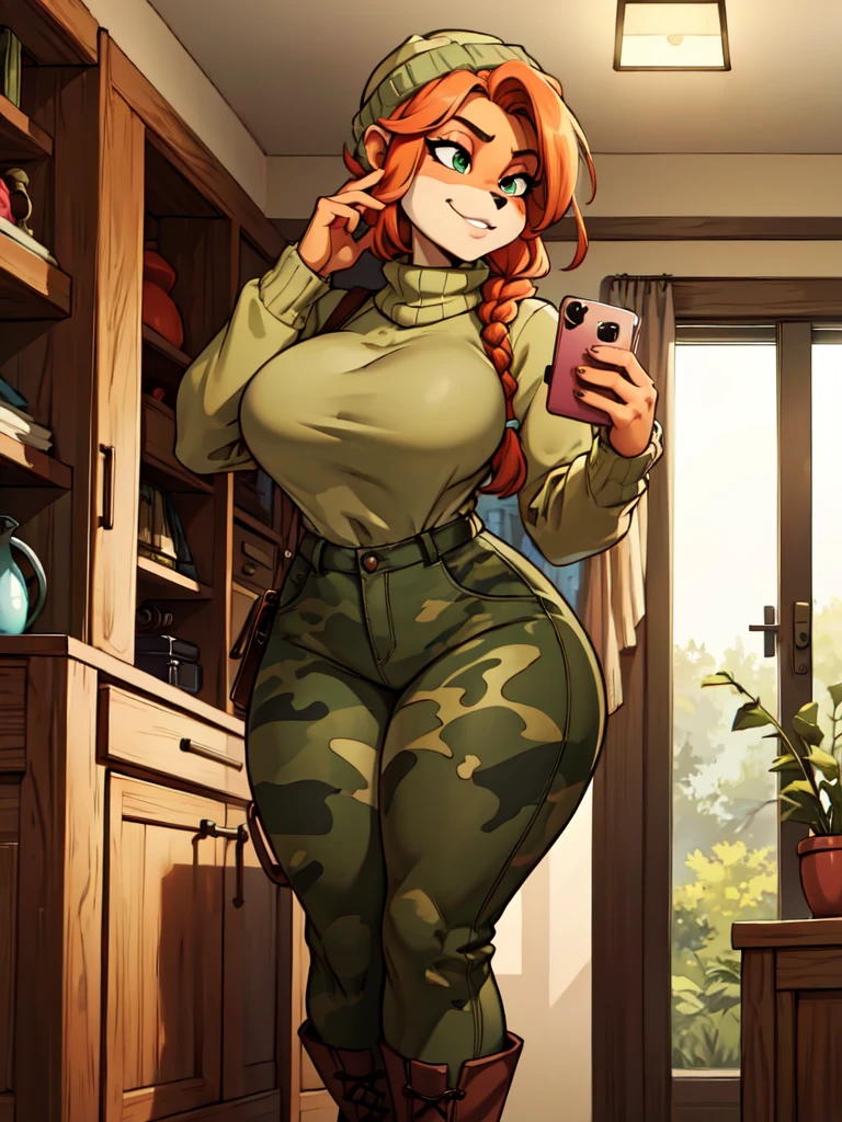 (best quality,4k,8k,highres,masterpiece:1.2),ultra-detailed,realistic:1.37,portrait, sancy anthro bandicoot girl redhead, braided hair, beautiful green eyes, sexy ,seductive, warm sweater, beanie-balaclava, camouflage pants, army boots, smirking, cozy lighting, vibrant colors ,girl anthro , sweater, beanie-balaclava, camouflage pants, army boots,