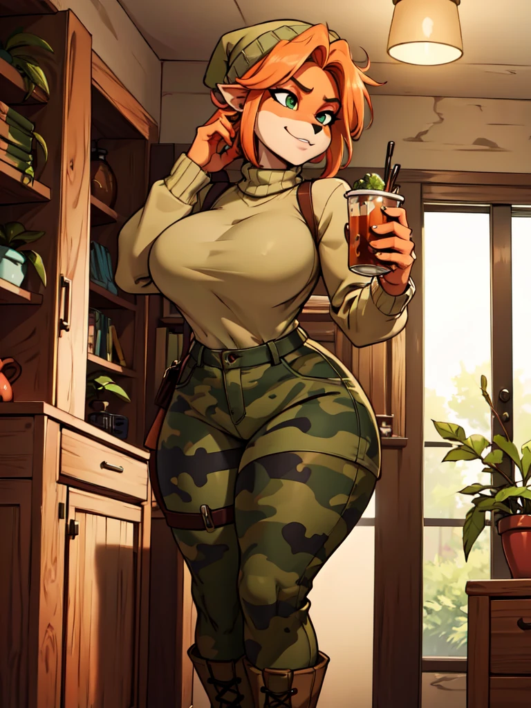(best quality,4k,8k,highres,masterpiece:1.2),ultra-detailed,realistic:1.37,portrait, sancy anthro bandicoot girl redhead, braided hair, beautiful green eyes, sexy ,seductive, warm sweater, beanie-balaclava, camouflage pants, army boots, smirking, cozy lighting, vibrant colors ,girl anthro , sweater, beanie-balaclava, camouflage pants, army boots,