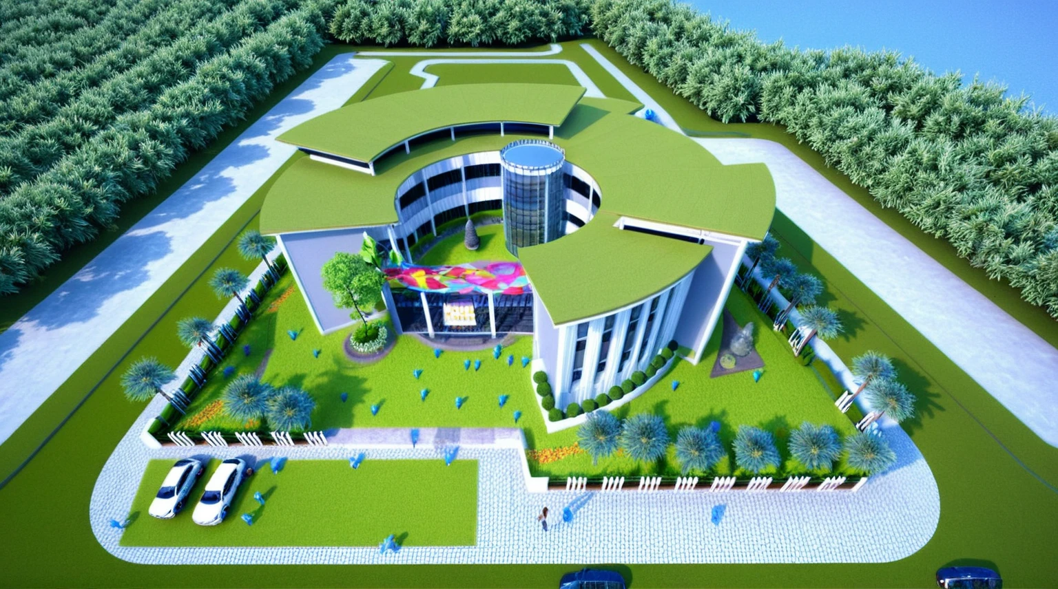 Masterpiece, high quality, best quality, authentic, super detail, outdoors, kindergarten style modern, white wall, glass windows, gate road, pavement, grass, trees, blue sky, cloud, (day:1.1), realistic lighting