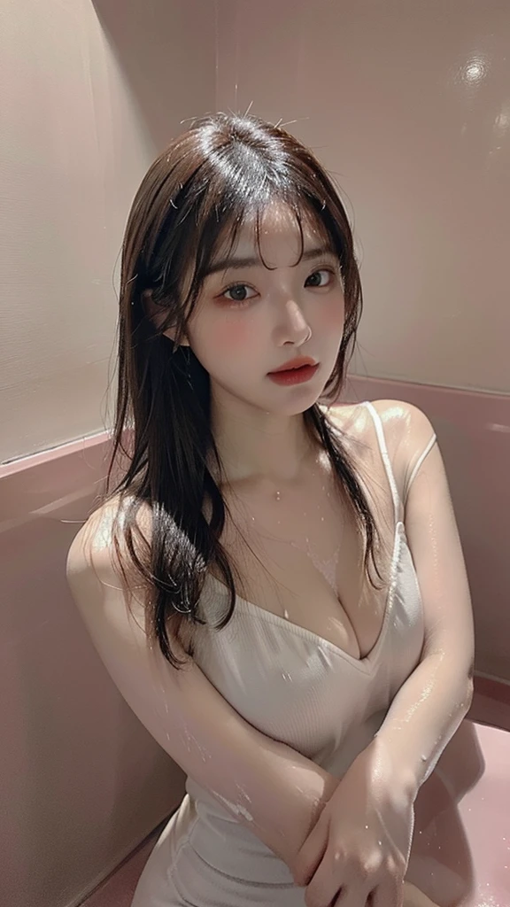 Best image quality, outstanding details, ultra high resolution, (realism: 1.4), ((enlargement:1.3, View viewer)), best illustration, Request Details, Highly concentrated 1girl,huge breasts，delicate and beautiful face,(shower，shower 후 부드러운 수건으로 감싸는 자세,My hair is slightly wet：1.4，Woman taking a bath while soaking wet:1.4),Pink bathroom，Pink wall，Pink bathtub，