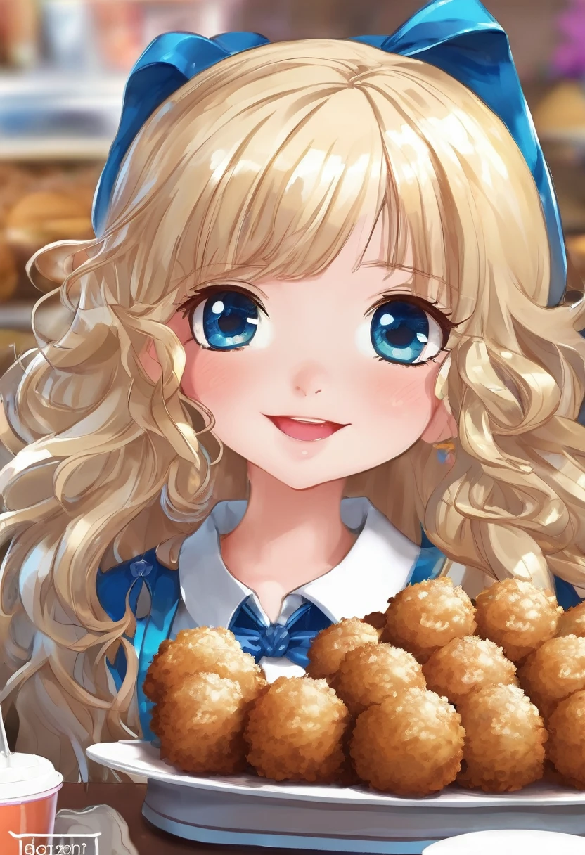 BREAK Perfect Anatomy、Highest quality、(cute:1.1)、(cute)、(High resolution:1.2)、Unbelievably absurd:1.3、Incredible illustrations、(cuteイラスト:1.2)、(Beautiful background、Coffee shop)1gial(Blonde hair and blue eyes、Wavy Hair(child,(a girl, dwarf, height 1.3meters, 30kg),,10-year-old,flat chest)(school uniform)Giga-sized cocoa sauce croquembouche