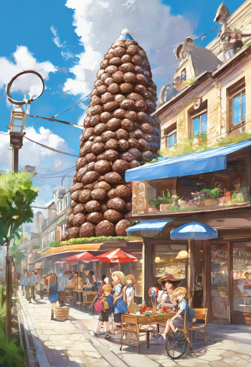 BREAK Perfect Anatomy、Highest quality、(cute:1.1)、(cute)、(High resolution:1.2)、Unbelievably absurd:1.3、Incredible illustrations、(cuteイラスト:1.2)、(Beautiful background、Coffee shop)1gial(Blonde hair and blue eyes、Wavy Hair(child,(a girl, dwarf, height 1.3meters, 30kg),,10-year-old,flat chest)(school uniform)Giga-sized cocoa sauce croquembouche