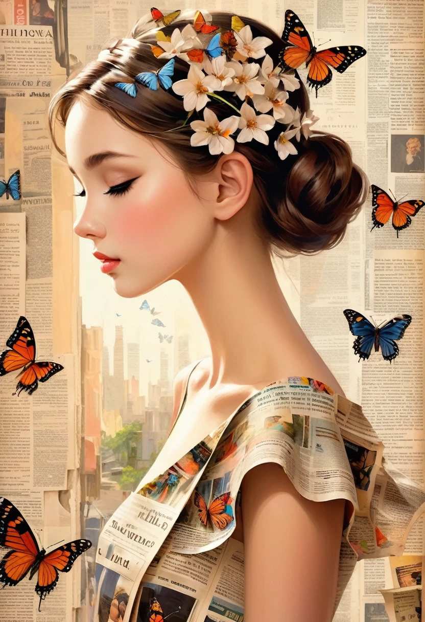 Side view girl, Solitary, Wearing a magazine cover dress, Delicate facial features and long eyelashes, A butterfly landed on her head, There were newspaper clippings all around.. Girl's face with realistic details, Bright colors,Clear focus. The overall image is a high-resolution masterpiece, Suitable for magazine cover. The art style is a mix of photography and concept art. Bright and eye-catching colors. The lighting is studio style, Soft lighting. Tips also include text and barcodes commonly found on magazine covers.