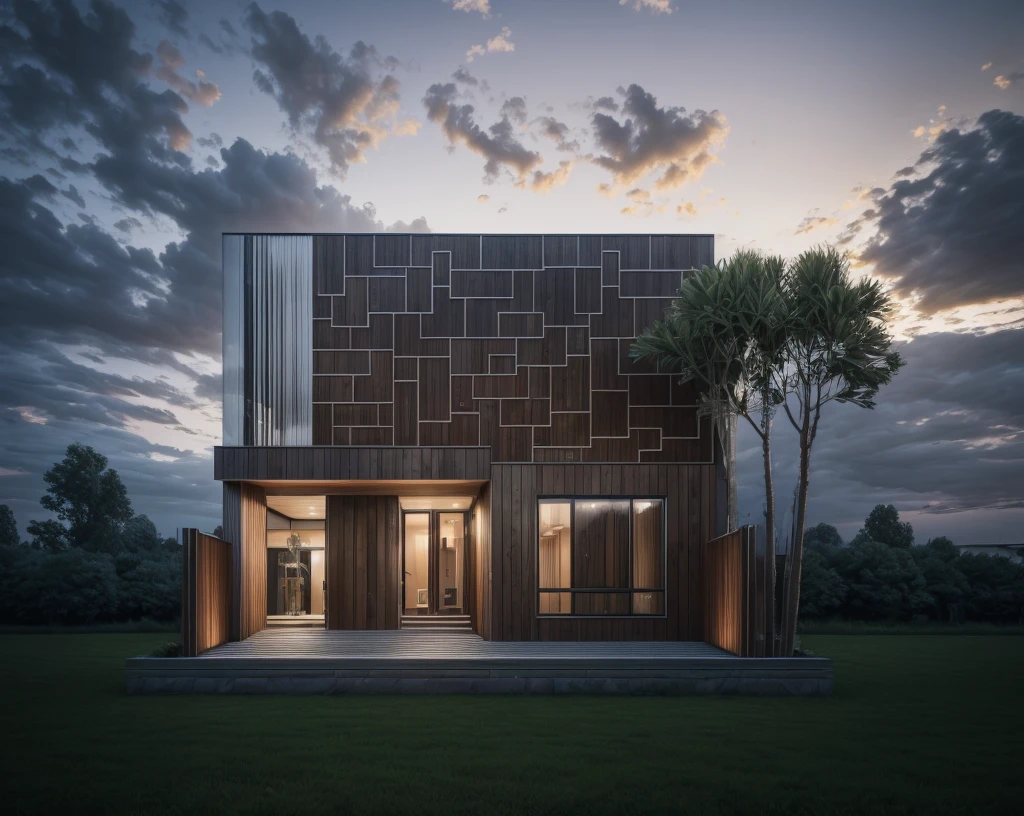 photorealistic, modern house,facade,modern,512k,high detailed, photoreal, award winning, large glass window on the right side, wooden planks stacks on the upper floor on the left side, grass, plants, trees, evening, interior lights,((redbrick stone façade))
award winning, extremely detailed,