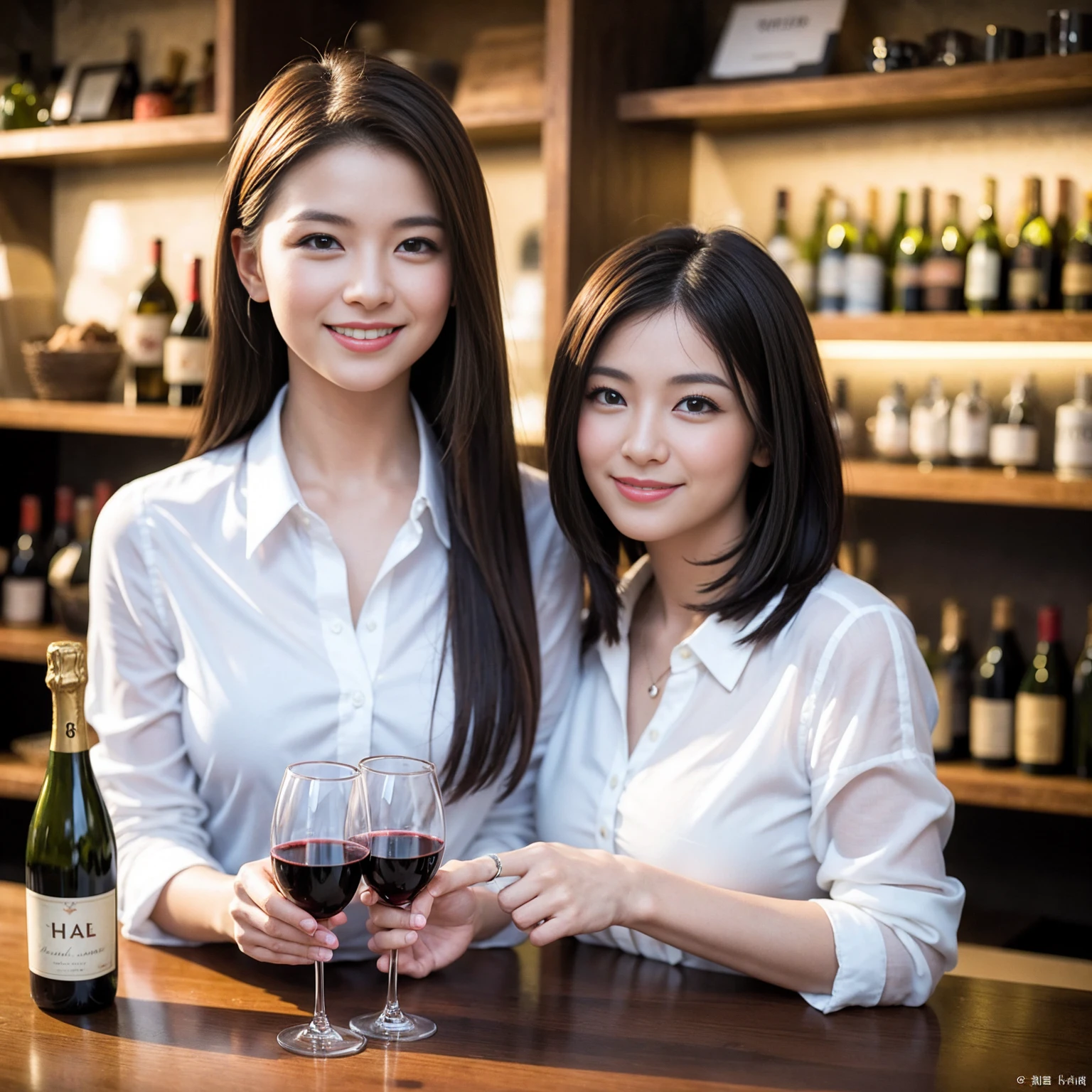 ((Highest quality、8K、masterpiece:1.3))、1 male、1 female、Couple、spouse、Couple、The body is slim、((Bob Hale、Straight hair:1.2)), (Realistic, Intricate details:1.2), テーブルの上のwine glass、Put the light on your face、 Amazing view of the sunset sky and clouds、Amazing mountain views、A bright smile、The wonderfulness of smile、Bright image、The beauty of wine, Beautiful Face, blue eyes, The light shines on your face, Blushing, short hair,Bright Face、 (Age 37), 39 years old, red wine 、Appetizers、Italian food、Wine bottle、Champagne、sparkling wine、Two beauties、Brown Hair、Shortcuts、Long sleeve shirt、dress、Beautiful woman 1, (slimな顔), (The body is slim), (Brown Hair), (Shortcuts), cheeks turn a little red,Attractive beauty、restaurant, In a prominent place (From the waist up) Nova Frog Style, actress, model, Upper Body, White wine, slim, wine glass, 中央に置かれたwine glass, smile, (smile: 1.15), Beautiful fine grain, Depth f/2,saturation, High Contrast, Strong light and shadow,Moist Body:1.5、3D texture、Delicate eyes、Brown Hair、The hair is very shiny、