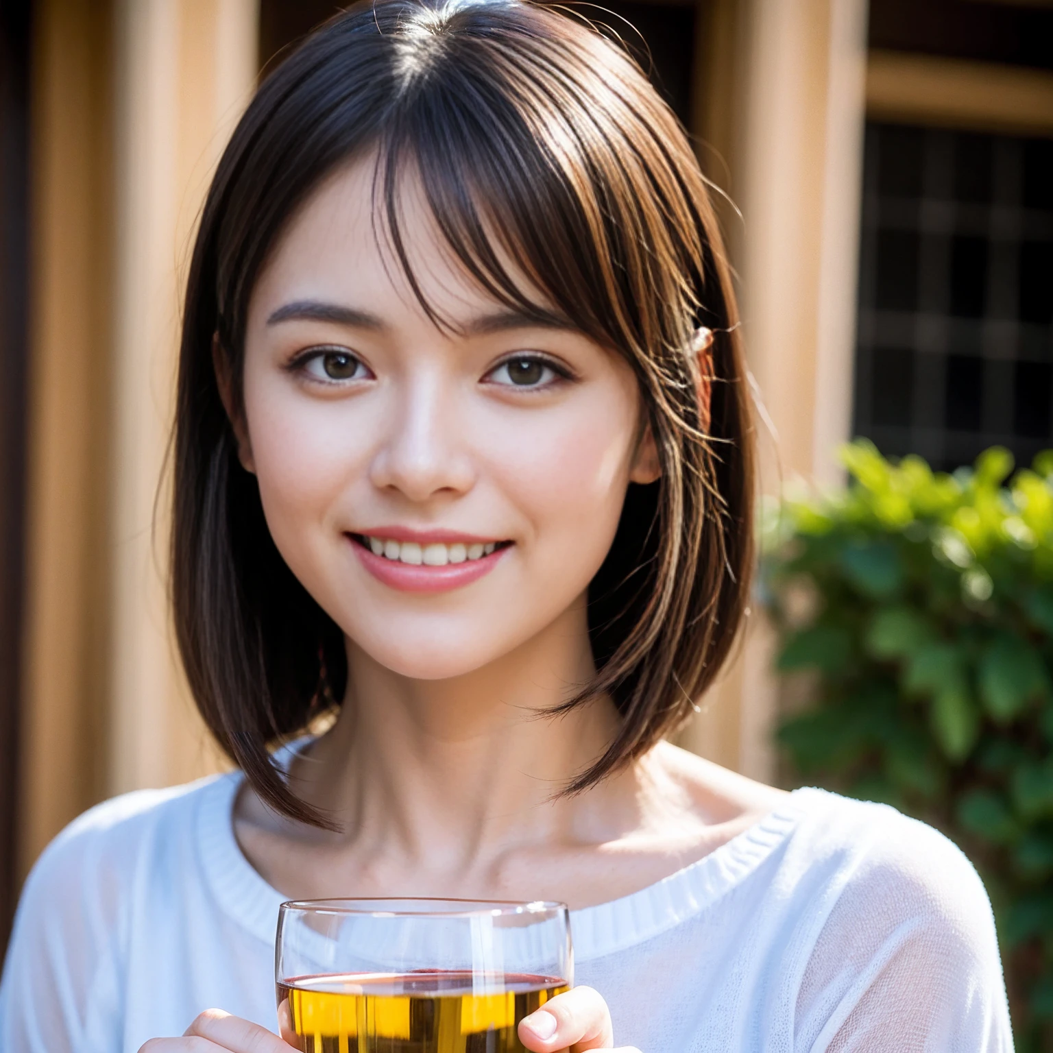 ((Highest quality、8K、masterpiece:1.3))、1 male、1 female、Couple、spouse、Couple、The body is slim、((Bob Hale、Straight hair:1.2)), (Realistic, Intricate details:1.2), テーブルの上のwine glass、Put the light on your face、 Amazing view of the sunset sky and clouds、Amazing mountain views、A bright smile、The wonderfulness of smile、Bright image、The beauty of wine, Beautiful Face, blue eyes, The light shines on your face, Blushing, short hair,Bright Face、 (Age 37), 39 years old, red wine 、Appetizers、Italian food、Wine bottle、Champagne、sparkling wine、Two beauties、Brown Hair、Shortcuts、Long sleeve shirt、dress、Beautiful woman 1, (slimな顔), (The body is slim), (Brown Hair), (Shortcuts), cheeks turn a little red,Attractive beauty、restaurant, In a prominent place (From the waist up) Nova Frog Style, actress, model, Upper Body, White wine, slim, wine glass, 中央に置かれたwine glass, smile, (smile: 1.15), Beautiful fine grain, Depth f/2,saturation, High Contrast, Strong light and shadow,Moist Body:1.5、3D texture、Delicate eyes、Brown Hair、The hair is very shiny、