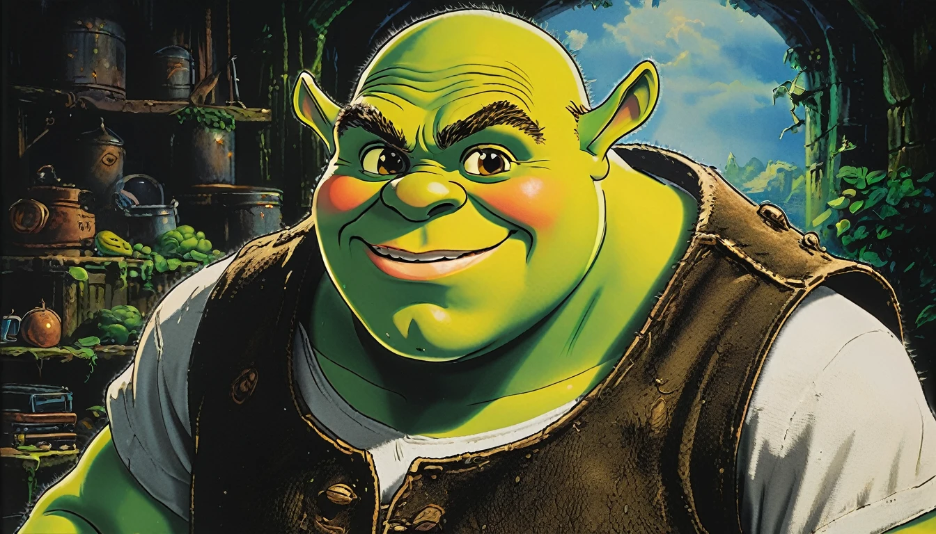 impactful paint of Shrek with his computer programming  highly detailed,   8k,   sharp,  professional, clear,   high contrast, high saturated, , vivid deep blacks, crystal clear