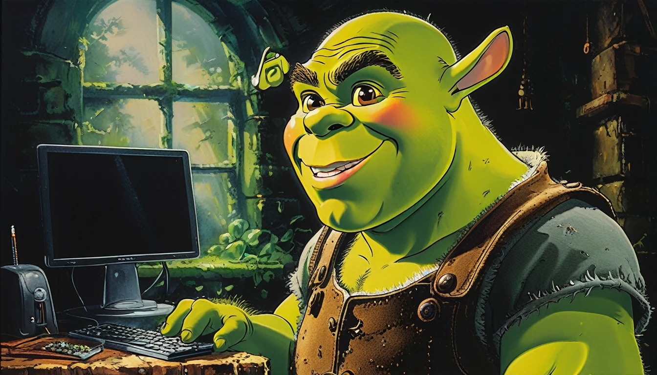 impactful paint of Shrek with his computer programming  highly detailed,   8k,   sharp,  professional, clear,   high contrast, high saturated, , vivid deep blacks, crystal clear