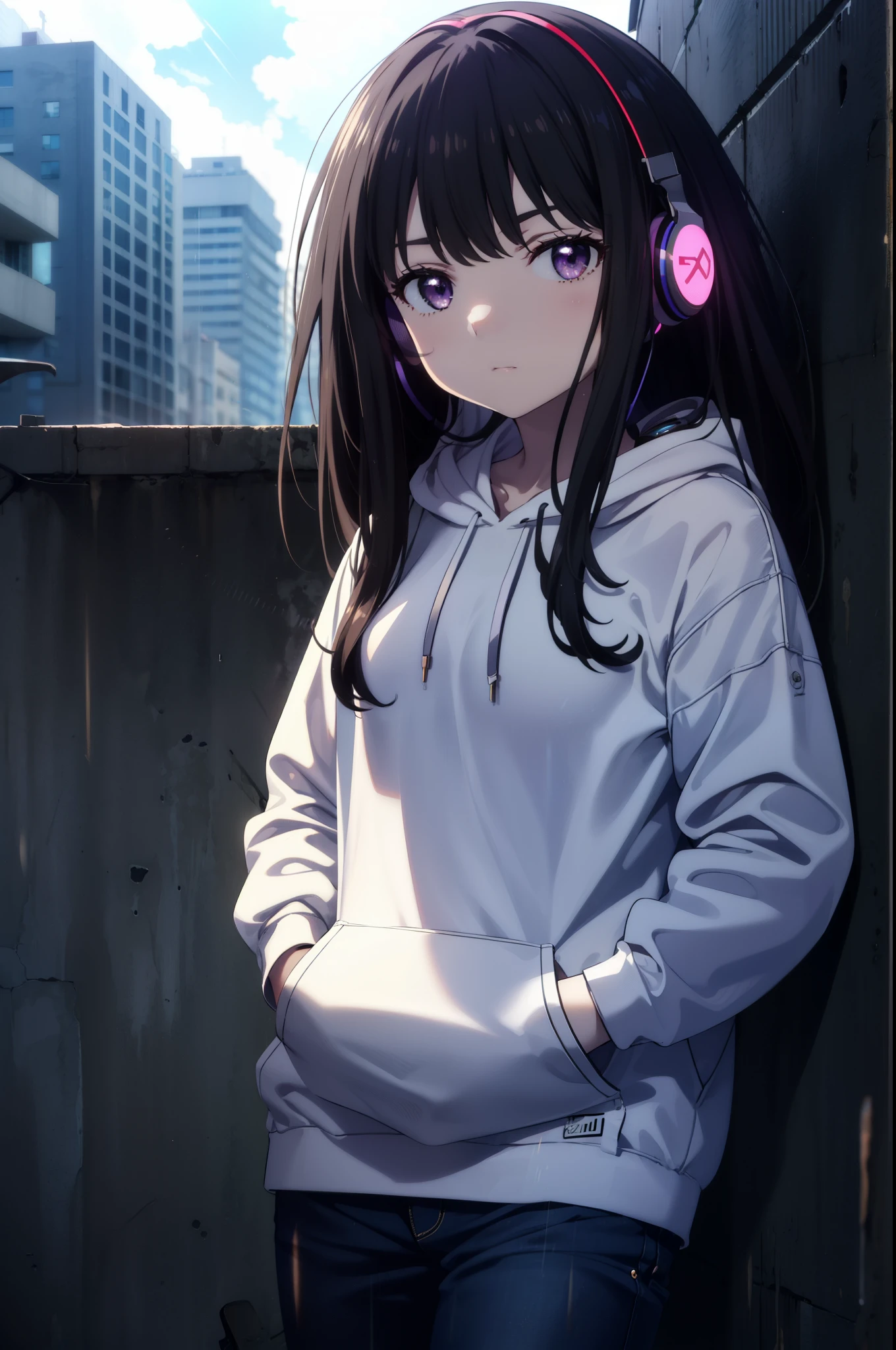 Takiuchikami, Check it out, Long Hair, bangs, Black Hair, (Purple eyes:1.2),Oversized blue hoodie,Wired headphones,Wearing a hoodie hood,jeans,High-top sneakers,Leaning against the wall,Hiding in a roofed building,whole bodyがイラストに入るように,rain,cloudy,night,
break outdoors, Building district,
break looking at viewer, whole body,
break (masterpiece:1.2), Highest quality, High resolution, unity 8k wallpaper, (figure:0.8), (Beautiful attention to detail:1.6), Highly detailed face, Perfect lighting, Highly detailed CG, (Perfect hands, Perfect Anatomy),