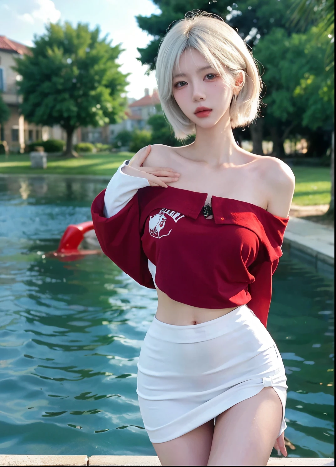 Beautiful woman with perfect figure:1.4,Ultra-high resolution,White legs,Put your hands behind your back,Swimming background,Big breasts:1.6,(Realism:1.4),perspective,Layered hairstyle,Snow white skin,JK:1.5,Super short pleated skirt,whole body:1.4,Very delicate and skin texture,Double eyelids,Skin Whitening,Long hair,White hair
