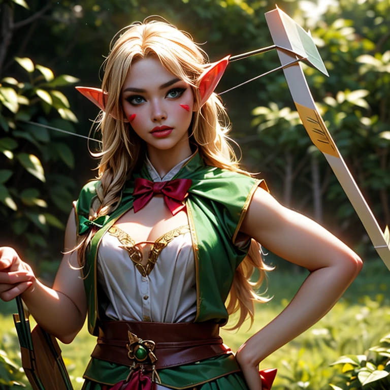 ((Put an arrow in the bow, aim it at the viewer, and release the arrow._Elf_Archer:1.9))、Blonde medium hair、Big Breasts、Narrow waist、Big Butt、Ideal proportions、Oily skin with detailed、(Wearing a revealing, beautiful and delicate outfit:1.5)、Carry a quiver full of arrows on your back、(モーションブラー効果で表現されたElfの動き:1.5)、(Highest quality、4K、8K、High resolution、masterpiece:1.2)、Very detailed、(Genuine、Realistic、Realistic:1.37)、詳細なElf、Fantastic lighting、green々leaf、Magical atmosphere、Dramatic Shadows、Beautiful night forest scenery in vibrant colors