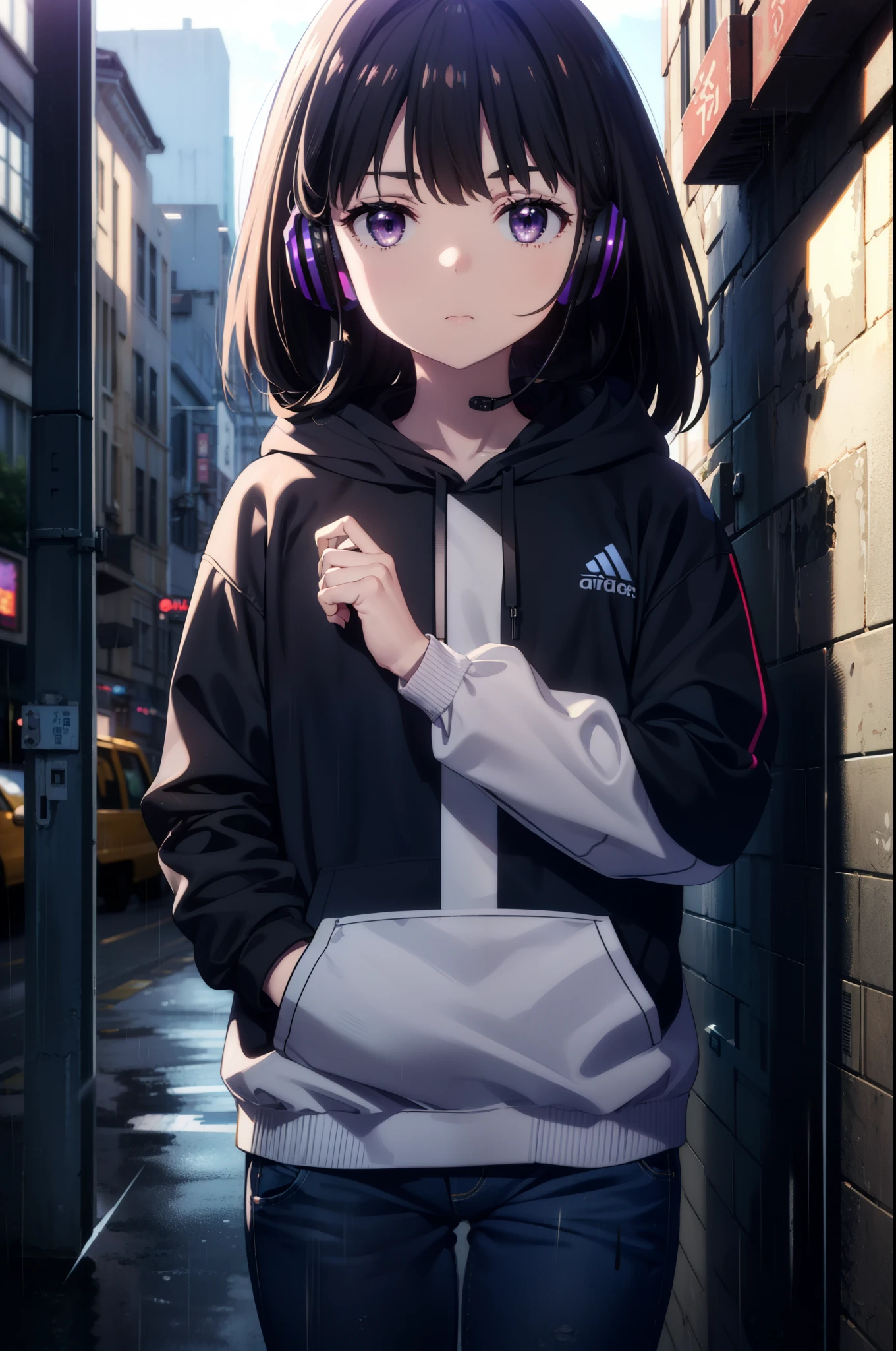 Takiuchikami, Check it out, Long Hair, bangs, Black Hair, (Purple eyes:1.2),Oversized blue hoodie,Wired headphones,Wearing a hoodie hood,jeans,High-top sneakers,Leaning ????????????????,Hiding in a roofed building,whole bodyがイラストに入るように,rain,cloudy,night,
break outdoors, Building district,
break looking at viewer, whole body,
break (masterpiece:1.2), Highest quality, High resolution, unity 8k wallpaper, (figure:0.8), (Beautiful attention to detail:1.6), Highly detailed face, Perfect lighting, Highly detailed CG, (Perfect hands, Perfect ???????),