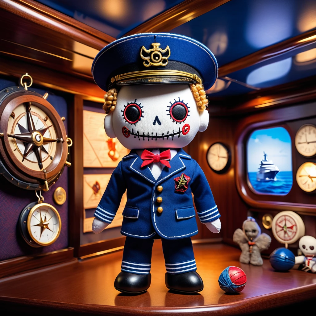 (knitted toy voodoo doll:1.7), (Voodoo Doll Cruise Ship Captain:1.3), (Clothing: navy uniform with nautical patterns:1.0), (Accessories: enchanted captain’s hat emitting blue light, levitating navigation charts:1.1), (background: luxurious cruise ship deck with floating lifebuoys, glowing waves, and spectral passengers:1.2), best quality, masterpiece, detailed soft oil painting, detailed background, dramatic cinematic lighting, soft edge lighting, professional, dramatic lighting, hard edge lighting, ultra quality, 4k,masterpiece, best quality, 8k, ultra highres, highres, extremely detailed