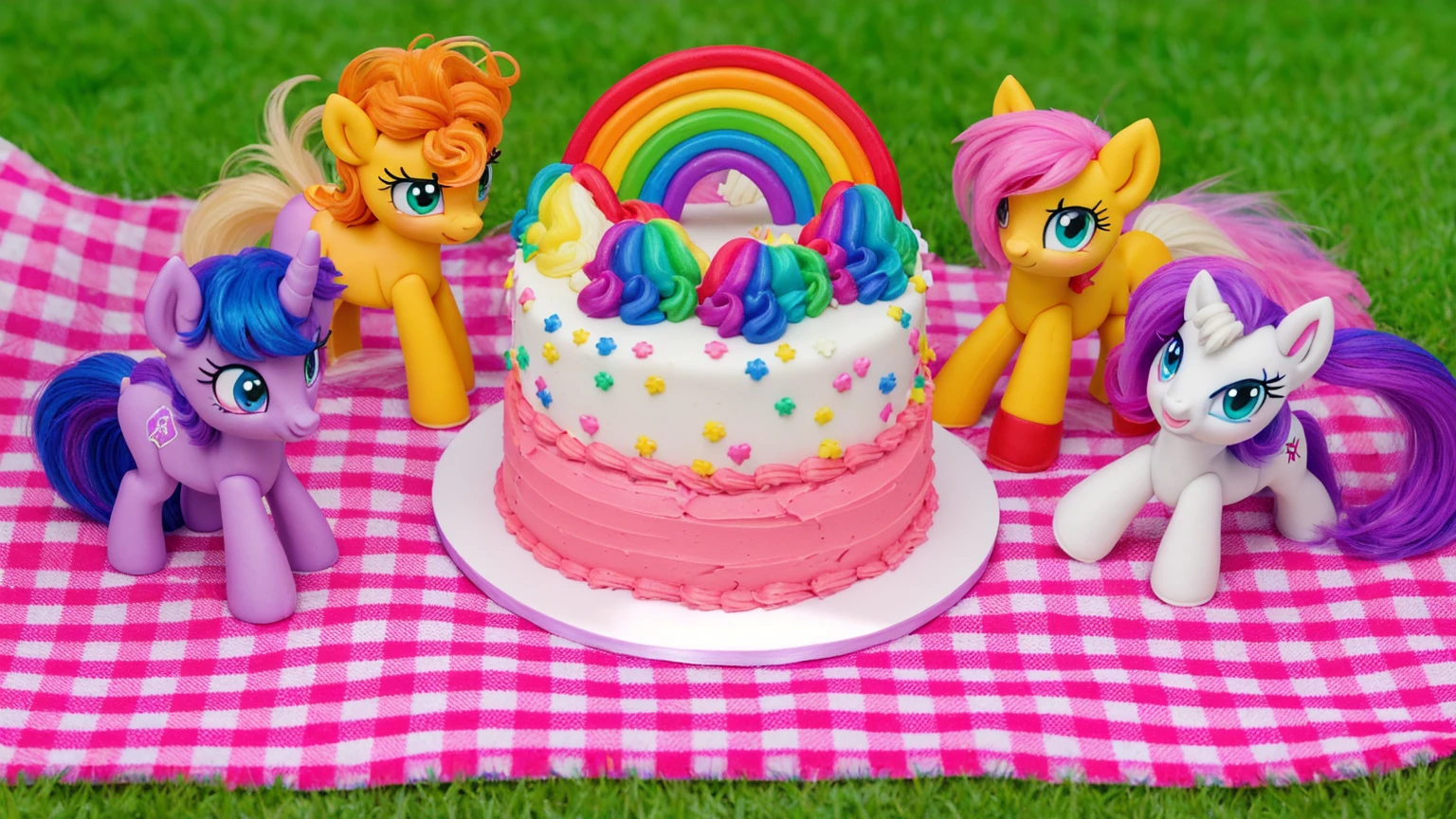 on the grass, on a pink checkered tablecloth. there is a white plate with cake, white and pink cream cake, Rainbow confectionery powder on the cake, top rainbow gradient cream, polymer clay rainbow, рядом стоят пластиковые pony toys из мультфильма My Little Pony, pony toys, beautiful light, sunlight, sunny day, beautiful lighting, bright announcement, several light sources, Realistic style, realistic textures, high quality, high detail, detailed texture, ultra 4k hd