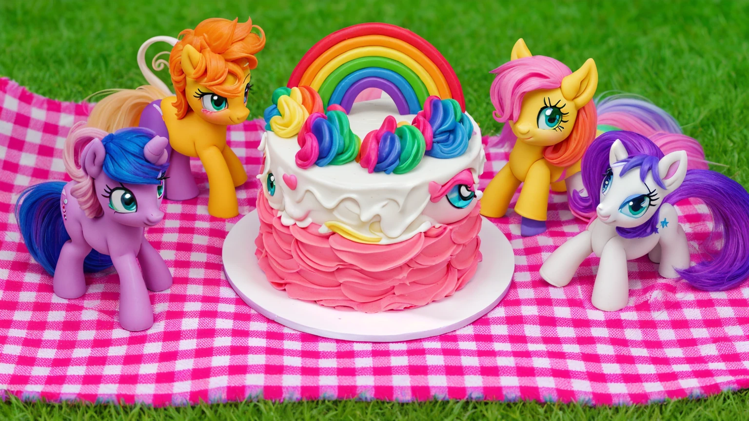 on the grass, on a pink checkered tablecloth. there is a white plate with cake, white and pink cream cake, Rainbow confectionery powder on the cake, top rainbow gradient cream, polymer clay rainbow, рядом стоят пластиковые pony toys из мультфильма My Little Pony, pony toys, beautiful light, sunlight, sunny day, beautiful lighting, bright announcement, several light sources, Realistic style, realistic textures, high quality, high detail, detailed texture, ultra 4k hd
