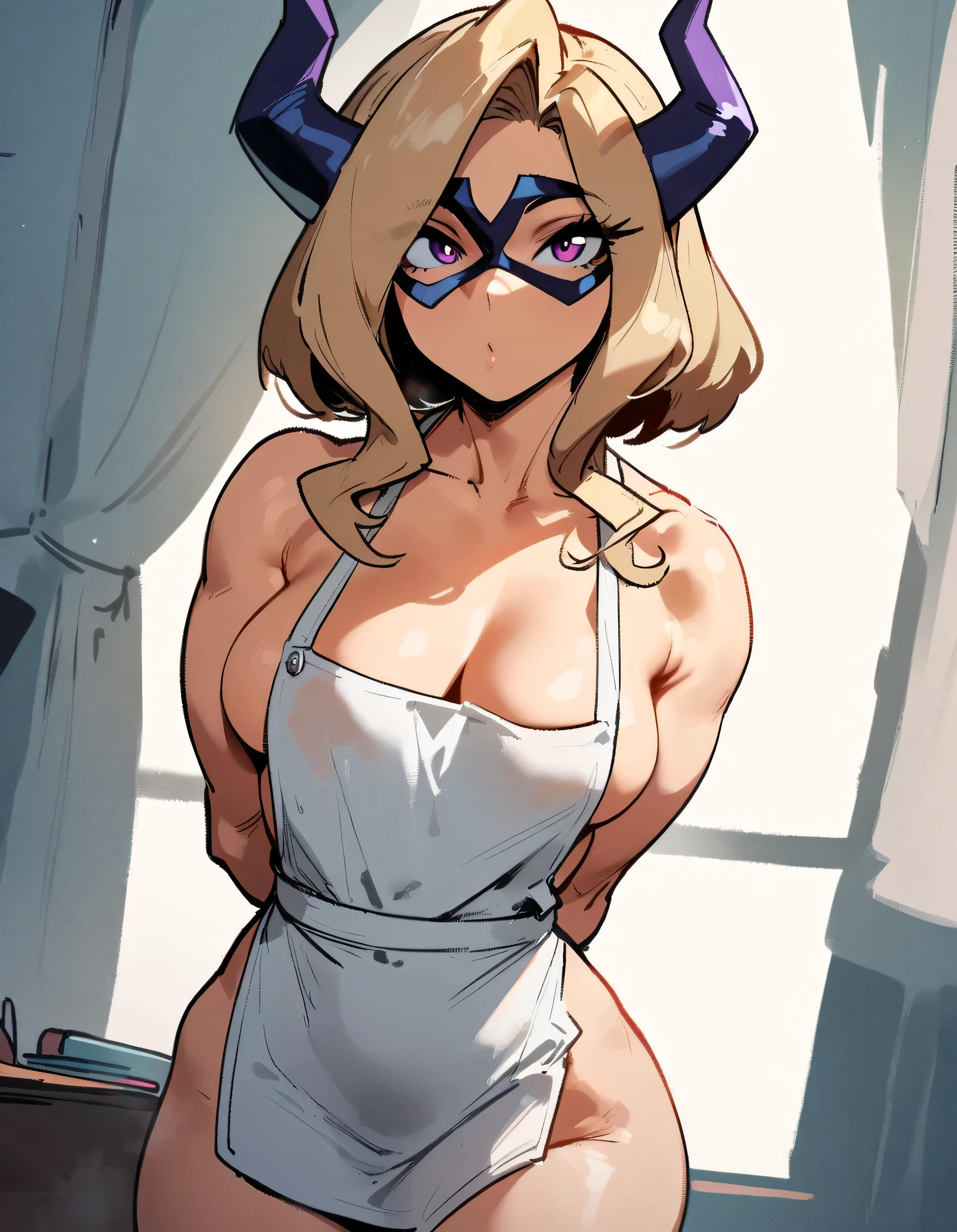 1girl, mount lady, boku no hero academia \\\\\ masterpiece, best quality, very aesthetic, absurdres, newest \\\\\\ sportive body, \\\\\\ by dodok, nyantcha, cutesexyrobutts, by khyle ///// blonde, purple eyes, , 24 years old,, wearing only apron, , naked, rating general, hands behind back