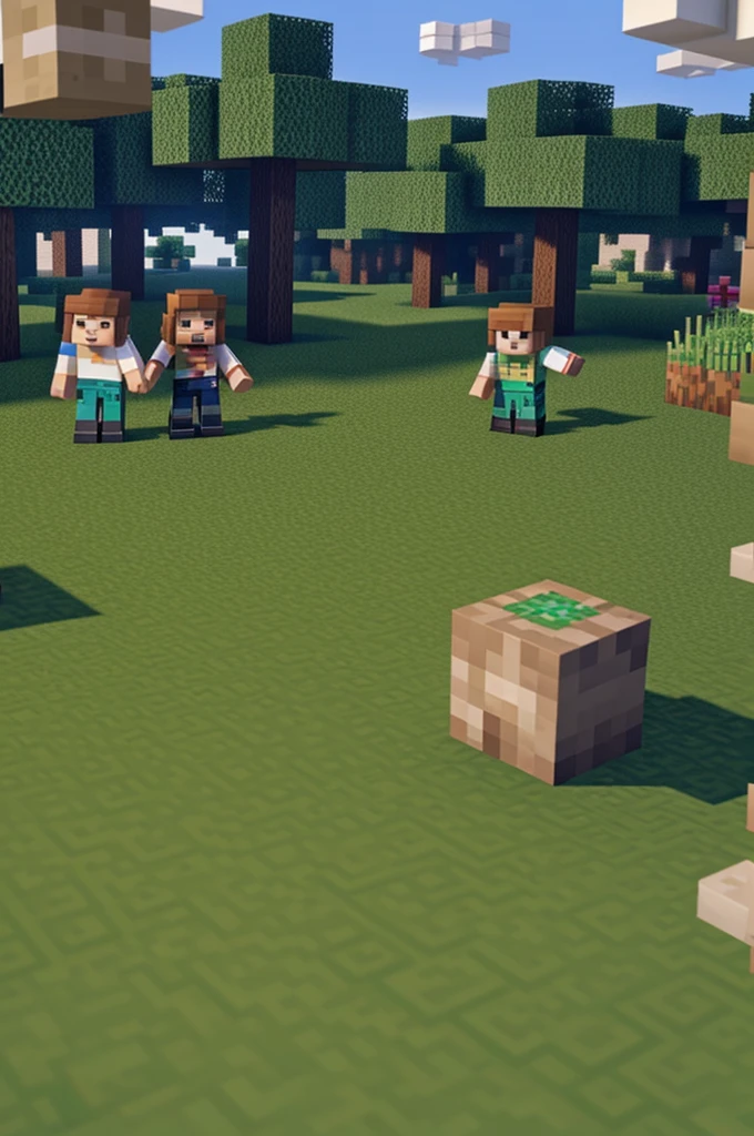 Make a mini for youtube minecraft friandy family mickecrack style where there is grass on the ground d3 minecraft and there are two minecraft characters waving and there is a minecraft town behind