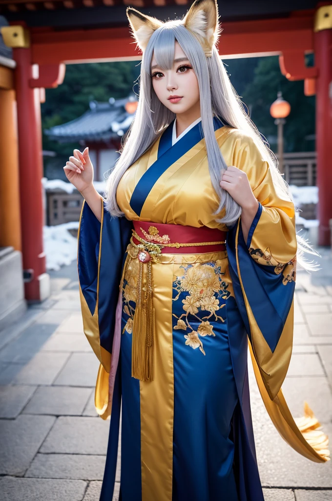 1. "A stunning, majestic female cosplayer dressed as nine tail flower (Kyubi no Hana) at a cosplay event. She has an extremely voluptuous, curvaceous, and very fat body. Her long silver wig flows down to her waist, and she has large golden contact lenses with slit pupils. Her face is elegantly made up to radiate beauty. She wears a luxurious kimono with golden embroidery and a fox crest on the obi. Behind her, nine large, glowing, and majestic tails spread out gracefully, each tail emphasizing her supernatural beauty and power. The setting includes a backdrop of a traditional Japanese shrine surrounded by blooming cherry trees."
2. "At a cosplay event, a female cosplayer stands dressed as Kyubi no Hana in front of an ancient Shinto shrine backdrop. She has an extremely voluptuous, curvaceous, and very fat figure. Her long silver wig, large golden contact lenses, and elegantly applied makeup create a striking look. Her luxurious kimono with golden embroidery and fox crest is complemented by nine large, glowing tails spread out behind her, each tail emphasizing her divine presence. Soft light effects around her add to the mystical atmosphere, making her appear otherworldly."
3. "In a cosplay event setting, a female cosplayer with an extremely voluptuous, curvaceous, and very fat body is dressed as Kyubi no Hana. She stands with authority and kindness, her nine large, glowing tails creating an ethereal atmosphere. Her long silver wig, golden contact lenses, and luxurious kimono with golden embroidery and a fox crest enhance her supernatural appearance. The nine tails behind her are a clear and powerful symbol of her character's supernatural strength and beauty, perfectly captured in the cosplay. The backdrop features a traditional Japanese shrine, adding to the authenticity of the scene."