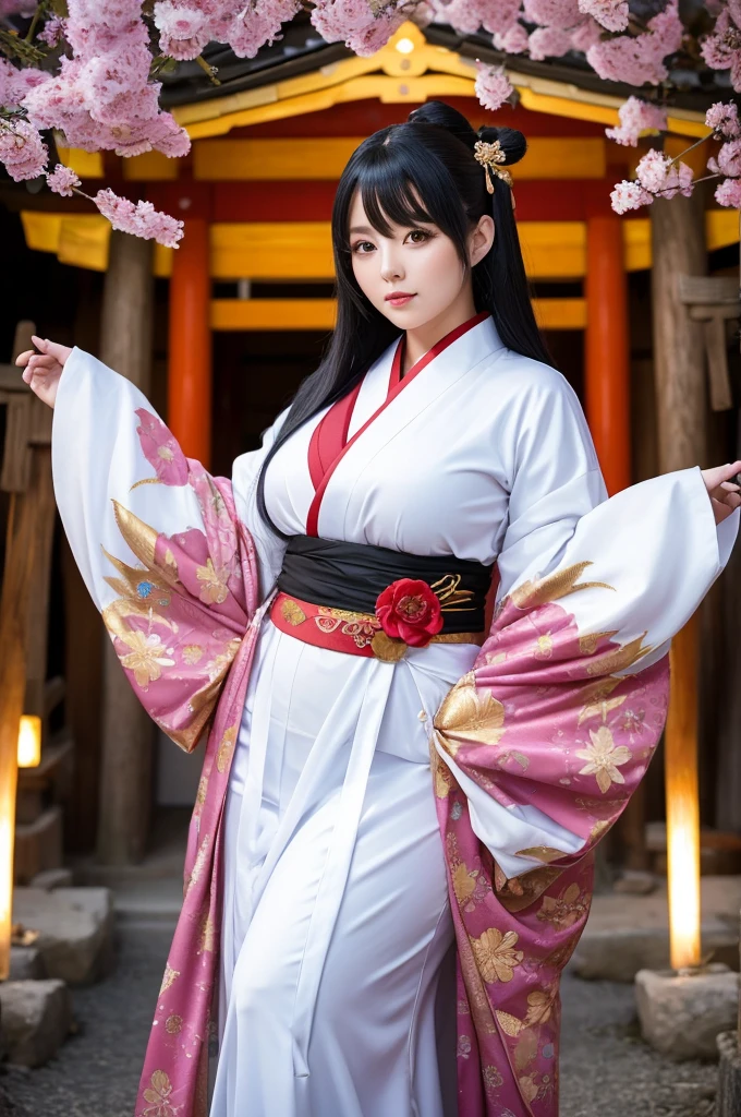 1. "A stunning, majestic female cosplayer dressed as nine tail flower (Kyubi no Hana) at a cosplay event. She has an extremely voluptuous, curvaceous, and very fat body, which she proudly displays. Her long silver wig flows down to her waist, and she has large golden contact lenses with slit pupils. Her face is elegantly made up to radiate beauty. She wears a luxurious kimono with golden embroidery and a fox crest on the obi. Behind her, nine large, glowing, and majestic handmade tails are carefully attached, spreading out gracefully and emphasizing her supernatural beauty and power. The setting includes a backdrop of a traditional Japanese shrine surrounded by blooming cherry trees, and photographers are eagerly capturing her impressive cosplay."
2. "At a cosplay event, a female cosplayer stands dressed as Kyubi no Hana in front of an ancient Shinto shrine backdrop. She has an extremely voluptuous, curvaceous, and very fat figure, radiating confidence and grace. Her long silver wig, large golden contact lenses, and elegantly applied makeup create a striking look. Her luxurious kimono with golden embroidery and fox crest is complemented by nine large, glowing, and majestic handmade tails carefully attached behind her, each tail emphasizing her divine presence. Soft light effects around her add to the mystical atmosphere, and photographers are gathered to capture her stunning appearance."
3. "In a cosplay event setting, a female cosplayer with an extremely voluptuous, curvaceous, and very fat body is dressed as Kyubi no Hana. She stands with authority and kindness, her nine large, glowing, and majestic handmade tails carefully attached and creating an ethereal atmosphere. Her long silver wig, golden contact lenses, and luxurious kimono with golden embroidery and a fox crest enhance her supernatural appearance. The nine tails behind her are a clear and powerful symbol of her character's supernatural strength and beauty, perfectly captured in the cosp