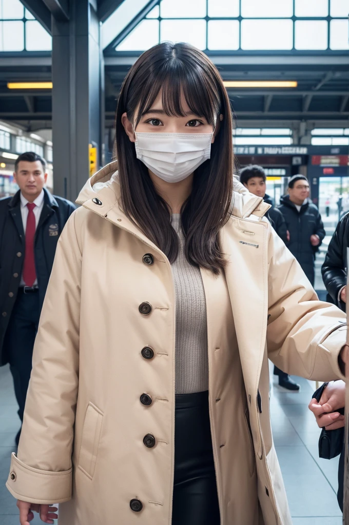 1girl, mouth mask, coat, open coat, nude, smile, pov, bangs, masterpiece, best quality, ultra quality, high quality, realistic, photo realistic, RAW photo, hyper detailed, intricate detailed, perfect anatomy, Fujifilm XT3, train station, multiple girls, multiple boys, train,