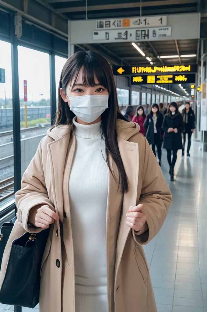 1girl, mouth mask, coat, open coat, nude, smile, pov, bangs, masterpiece, best quality, ultra quality, high quality, realistic, photo realistic, RAW photo, hyper detailed, intricate detailed, perfect anatomy, Fujifilm XT3, train station, multiple girls, multiple boys, train,