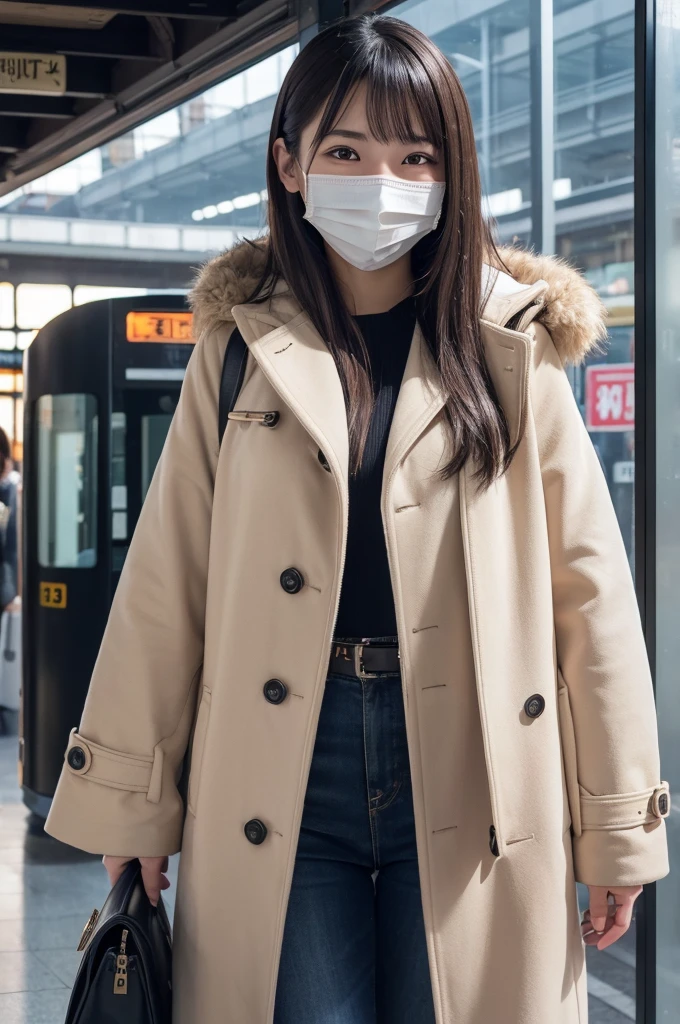 1girl, mouth mask, coat, open coat, nude, smile, pov, bangs, masterpiece, best quality, ultra quality, high quality, realistic, photo realistic, RAW photo, hyper detailed, intricate detailed, perfect anatomy, Fujifilm XT3, train station, multiple girls, multiple boys, train,