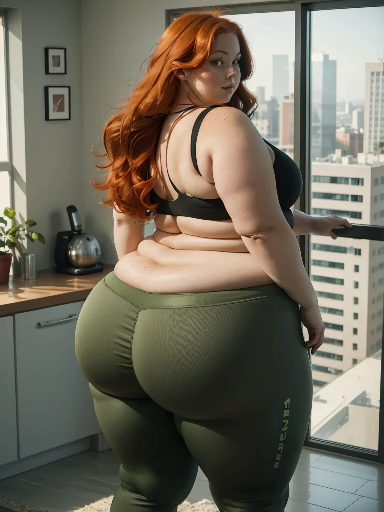 A back wiew photo of a young beautiful redhead bbw with long wavy ginger hair soft fat belly, wide fat obese hips, thick fat legs and fat arms, freckles, in a green yoga pants and yoga top, looking out of the window in a modern living room in sunset