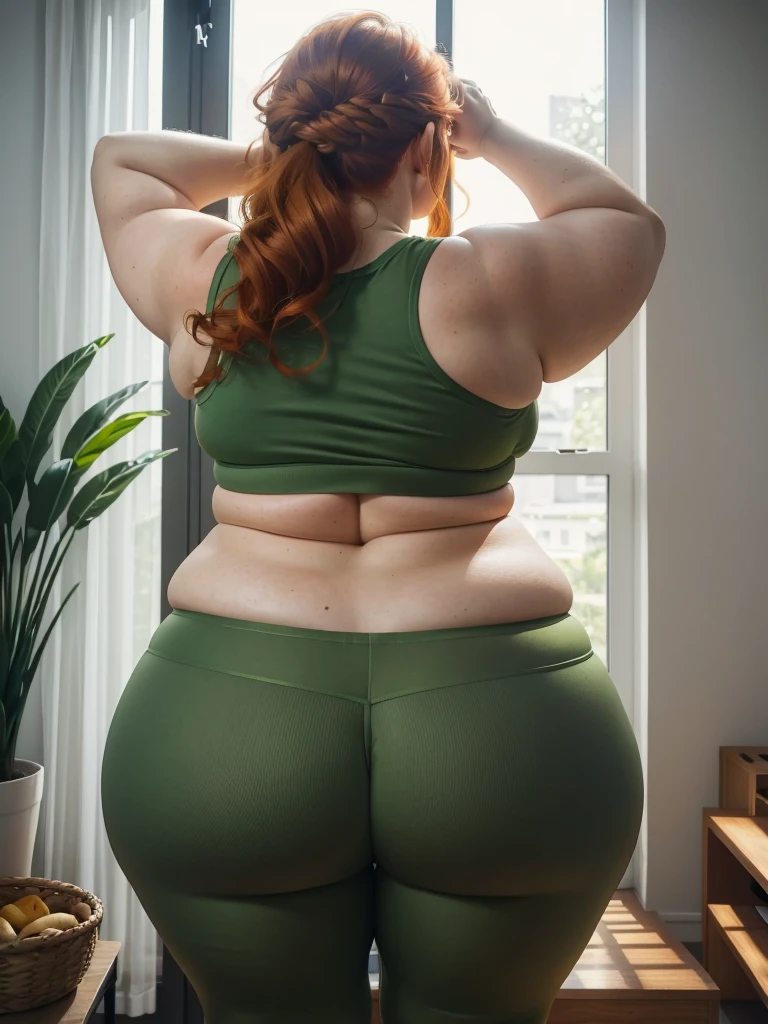 A back wiew photo of a young beautiful redhead bbw with long wavy ginger hair soft fat belly, wide fat obese hips, thick fat legs and fat arms, freckles, in a green yoga pants and yoga top, looking out of the window in a modern living room in sunset