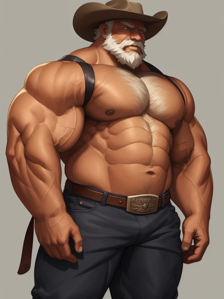 solo, 1boy, Huge Muscular Old man wearing cowboy hat, pants , pectoral, thick arms, huge pectoral, wide pectoral, short white hair, short pants and shirtless, bearded, simple background, masterpiece, semirealistic:1.2, high detailed, 8k, high resolution