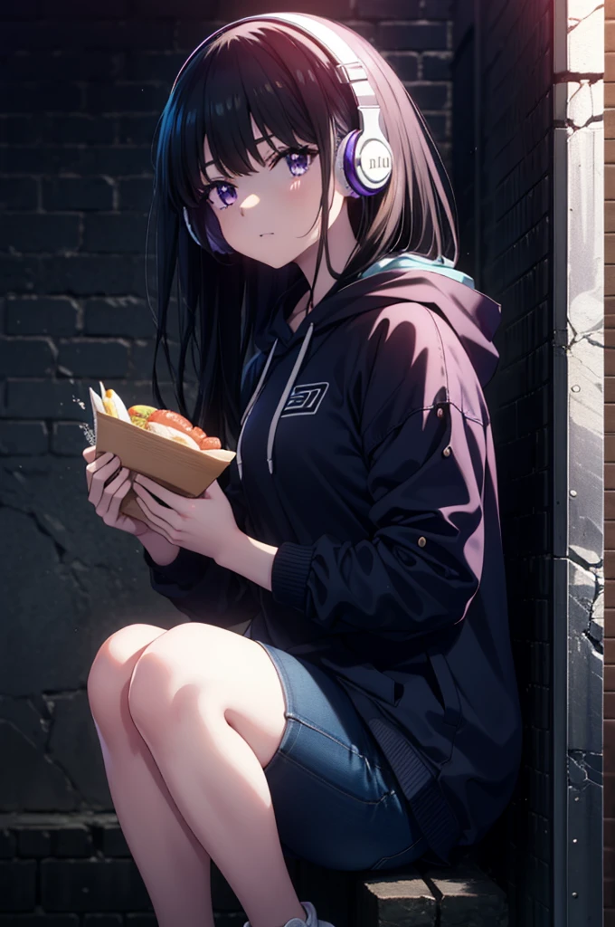 Takiuchikami, Check it out, Long Hair, bangs, Black Hair, (Purple eyes:1.2),Oversized blue hoodie,Wired headphones,Food up,jeans,High-top sneakers,Leaning against the wall,Hiding in a roofed building,whole bodyがイラストに入るように,rain,cloudy,night,
break outdoors, Building district,
break looking at viewer, whole body,
break (masterpiece:1.2), Highest quality, High resolution, unity 8k wallpaper, (figure:0.8), (Beautiful attention to detail:1.6), Highly detailed face, Perfect lighting, Highly detailed CG, (Perfect hands, Perfect Anatomy),