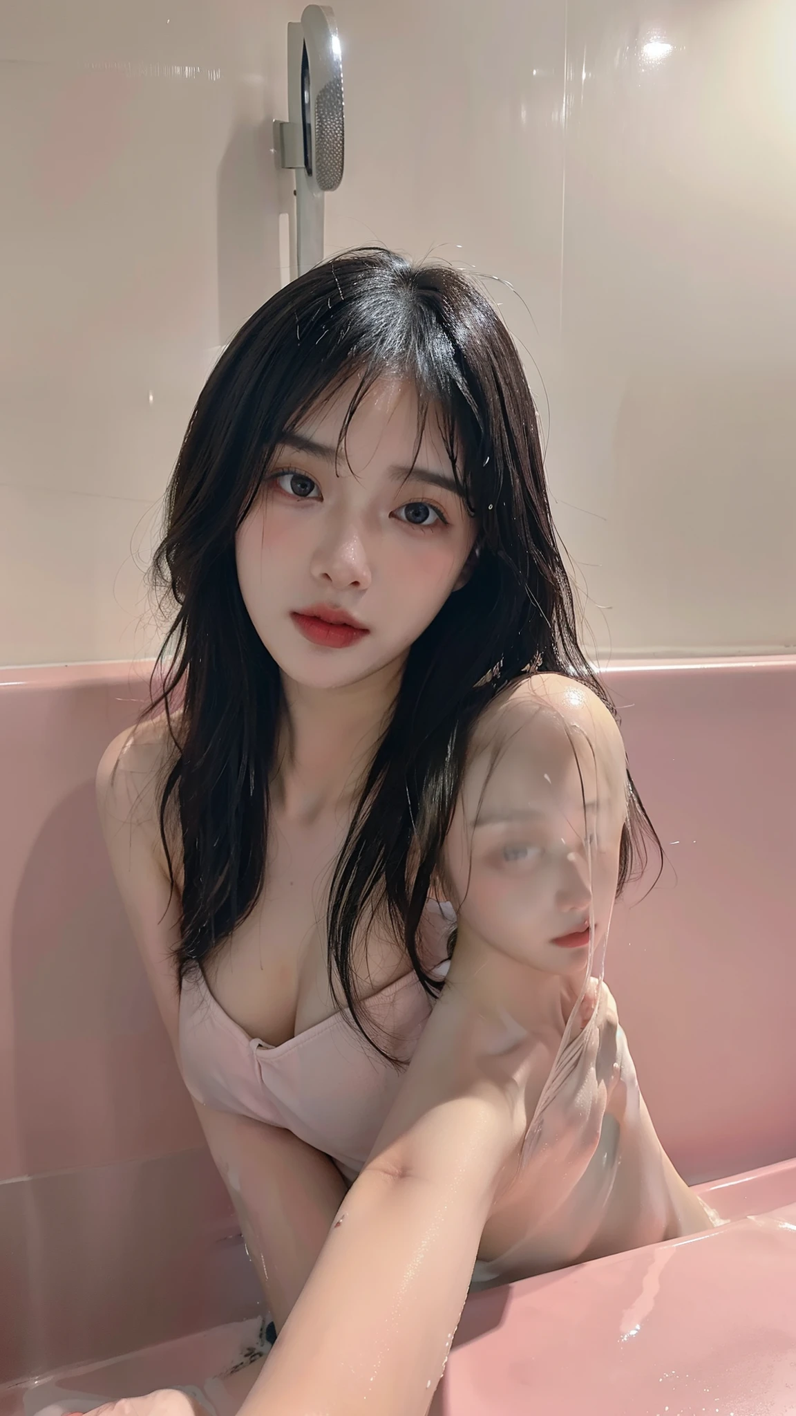 Best image quality, outstanding details, ultra high resolution, (realism: 1.4), ((enlargement:1.3, View viewer)), best illustration, Request Details, Highly concentrated 1girl,huge breasts,delicate and beautiful face,(shower,shower 후 부드러운 수건으로 감싸는 자세,My hair is slightly wet:1.4,Woman taking a bath while soaking wet:1.4),Pink bathroom,Pink wall,Pink bathtub,