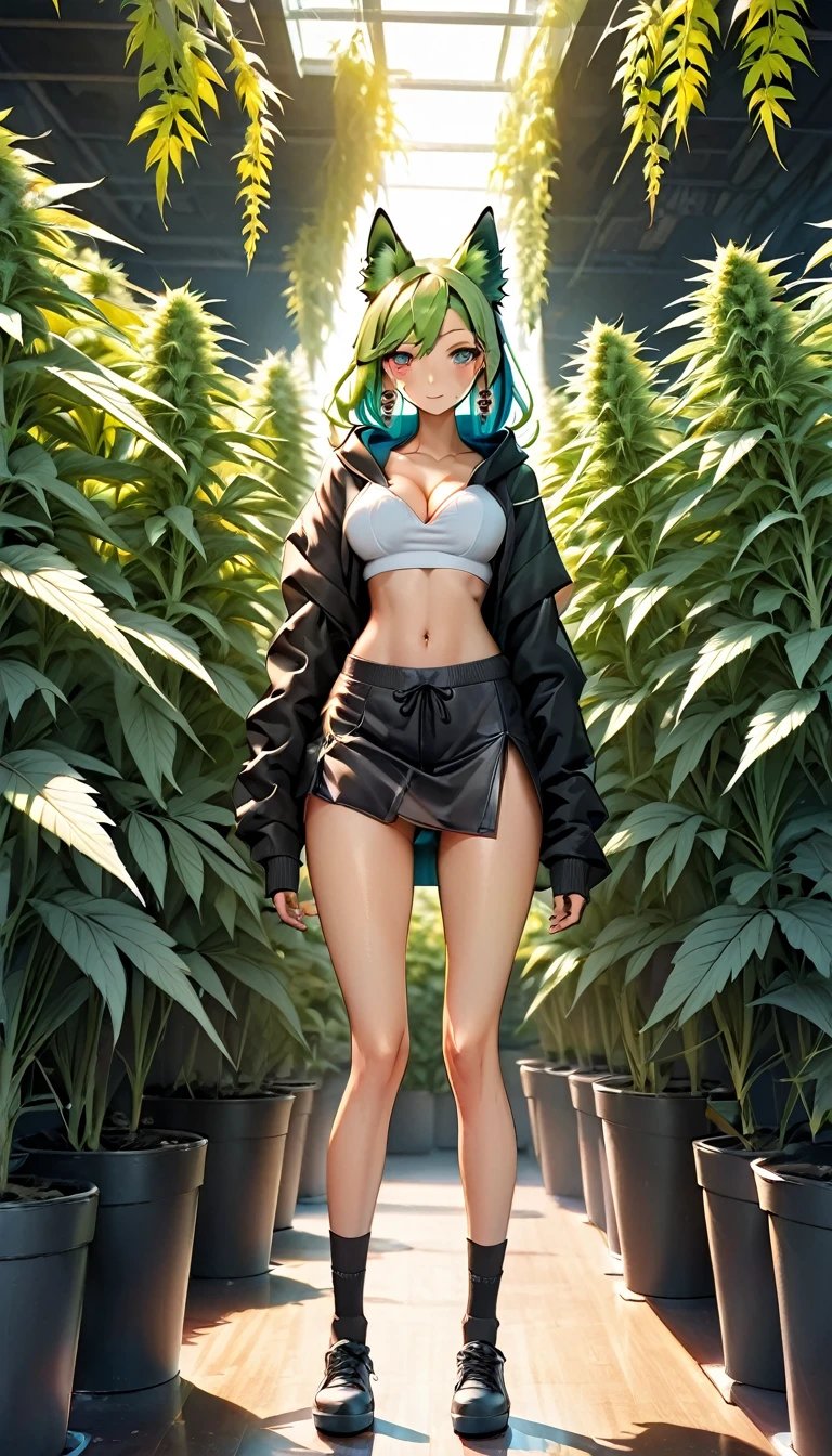   , Croped, , cleavage, slim waist, cropped hoodie underboob, cropped hoodieunderboobhoodie, 1girl, 2 wolf ears, wolf tail, marijuana crop hoodie, crop shorts, marijuana hoodie, spiky hair, spiky fur, green hair, red eyes,marijuana field, tight clothes, perfect eyes, perfect hands, clear resolution, full body, cleavage skin, marijuana plants, open hoodie, marijuana scenery, black thigh high socks, full body, earrings, 1girl, skirt,  cleavage, slim waist, cleavage, slim waist, hair pulled back, 