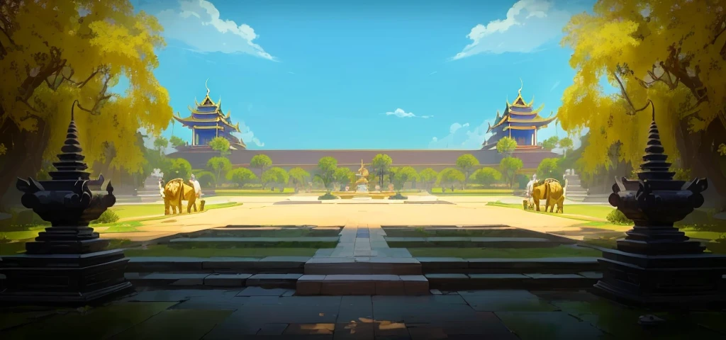there is a painting of a courtyard with 2 gold elephants statue thailand and thailand temple, arena background, mobile game background, background art, background artwork, palace background, game background, temple background, volley court background, zen temple background, anime background art, royal garden background, amazing wallpaper, anime background, 2 d game art background, park background, anime scenery concept art, videogame background, Cassia fistula, far architect thailand, thailand temple, temple behind, thailand mood, thailand backgound