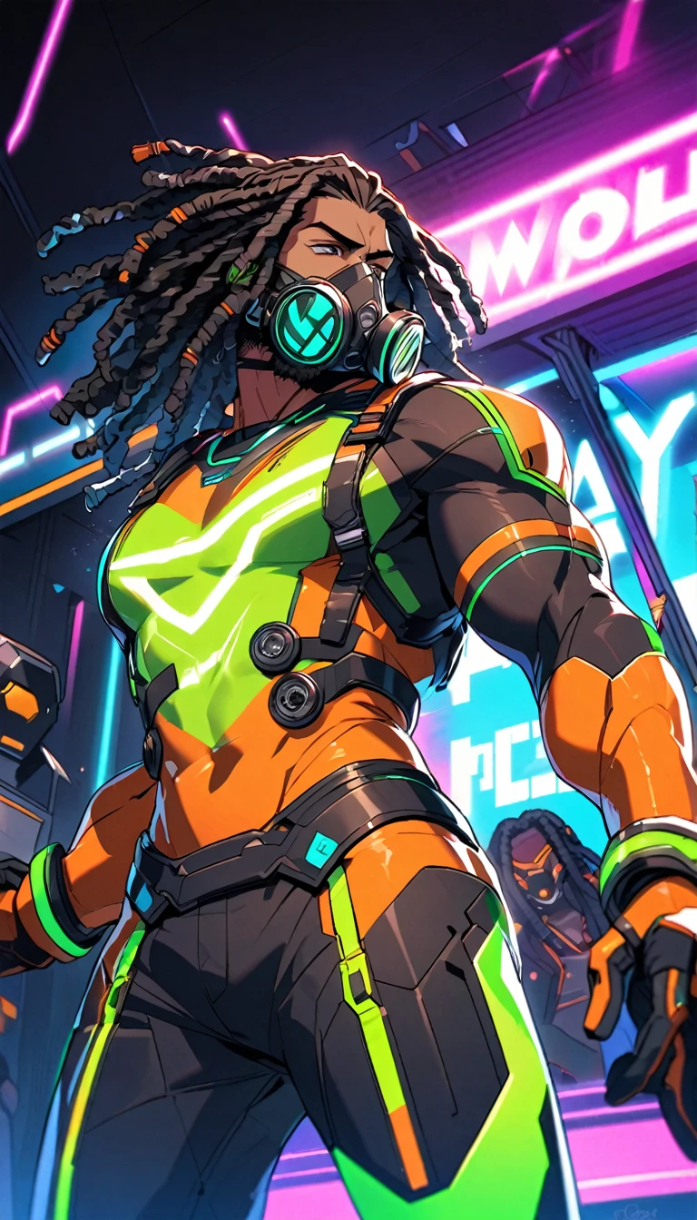 Handsome, single, muscular, clearly tattooed, male, black eyes, beard, dreadlocks, dark skin, orange-green highlighted hair, headphones, neon-colored sci-fi robot suit. Mixes sci-fi and neon tones. Behind it is a robot with neon lights. In the background, a large robot was clearly singing on stage. Wear a gas mask, neon shirt, wear a gas mask, play music, play a large electric drum.