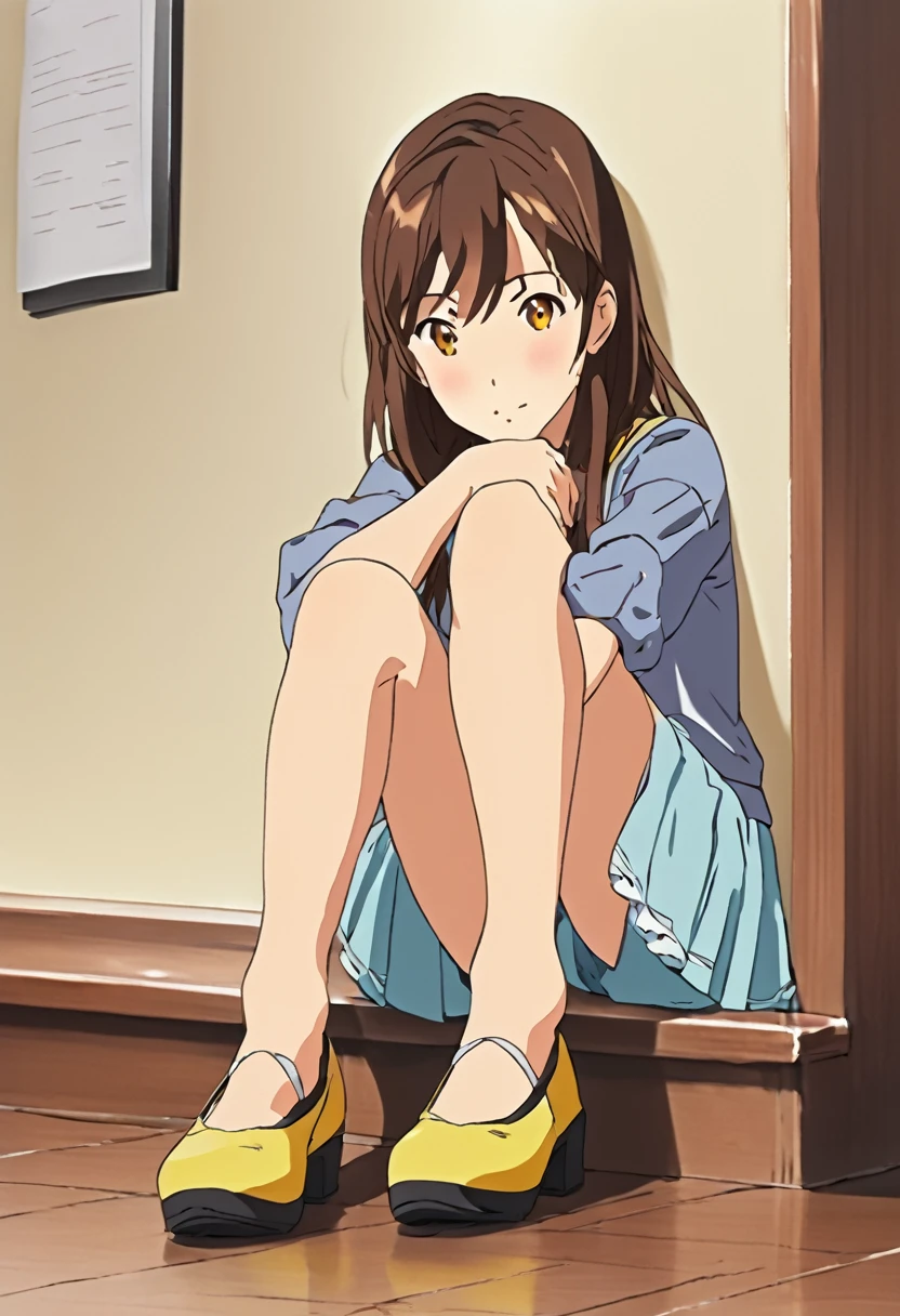 mejor calidad, Teenager, Brown eyes, Thick medium brown hair, K-on, Yui hirasawa, Anime girl, Hair at shoulder lenght, two yellow hairpins, Skirt over pants, , Bare feet, Five toes, Two feet close view, Feet close up, Soles of feet, Shy, Shy smile, Embarrassed, Sitting on the floor, long legs, crossed legs, close view