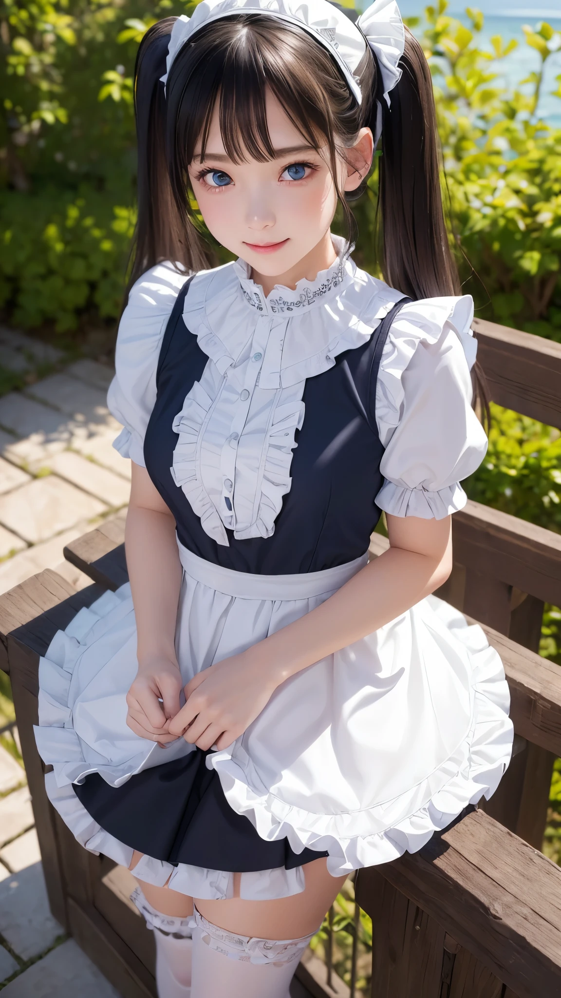 ((masterpiece)), ((highest quality、Ultra high definition)), (Very detailed),8K、Photo quality、((Amazingly cute girl)),( -yeld gi, Two people, , (Beautiful emerald blue eyes), ((smile)),In the open-air bath overlooking the sea, Beautifully arranged black hair in twin tails、whole body、((Super high-end white see-through summer gothic lolita maid costume、A super mini skirt with lots of frills))、Professional Lighting、(White lace knee-highore detailed and beautiful)、(More details and cutenesore realistic)、(((Just wear light clothing)))、