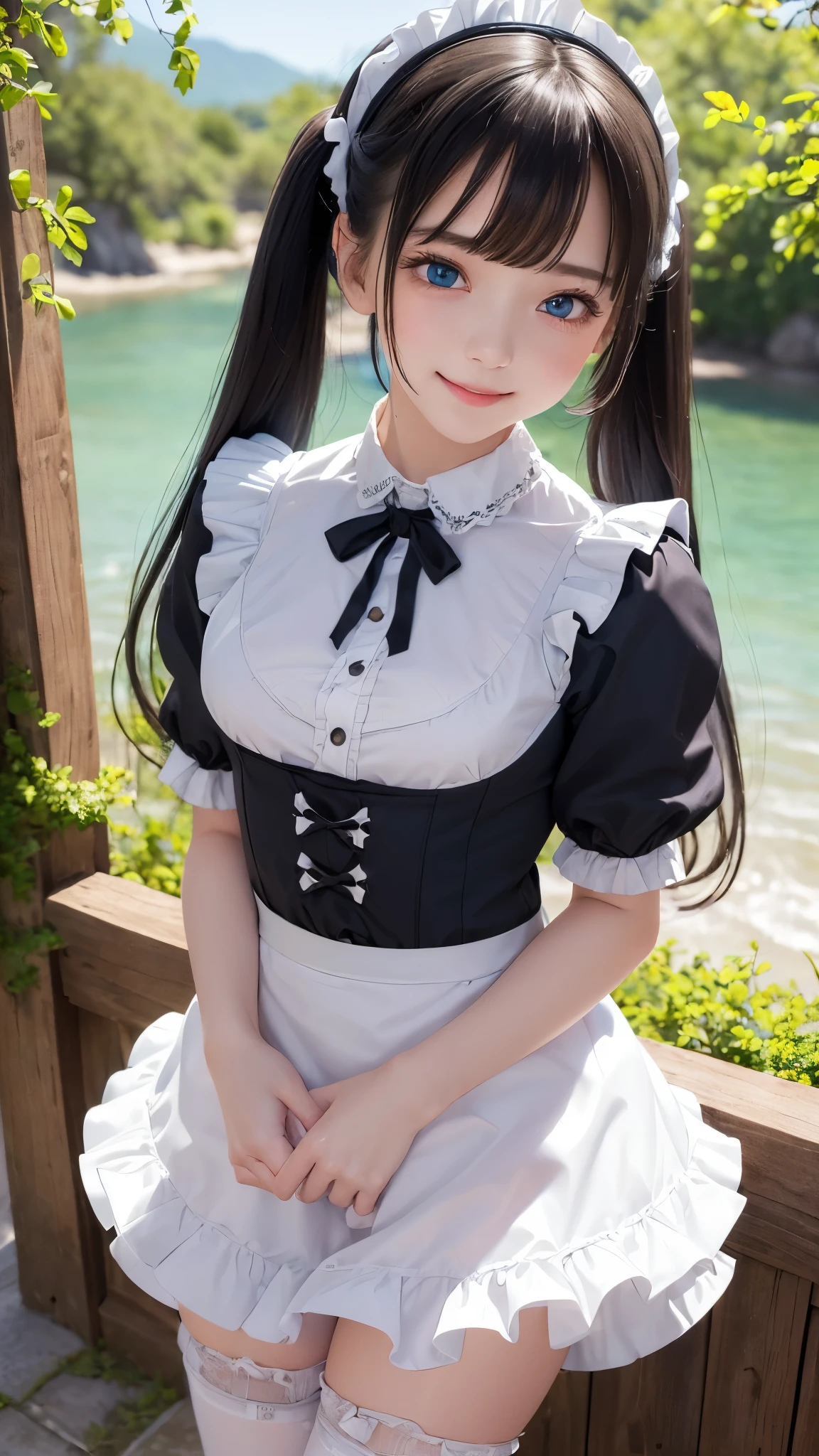 ((masterpiece)), ((highest quality、Ultra high definition)), (Very detailed),8K、Photo quality、((Amazingly cute girl)),( ), Two people, , (Beautiful emerald blue eyes), ((smile)),In the open-air bath overlooking the sea, Beautifully arranged black hair in twin tails、whole body、((Super high-end white see-through summer gothic lolita maid costA super mini skirt with lots of frills))、Professional Lighting、(White lace knee-highore detailed and beautiful)、(More details and cutenesore realistic)、(((Just wear light clothing)))、