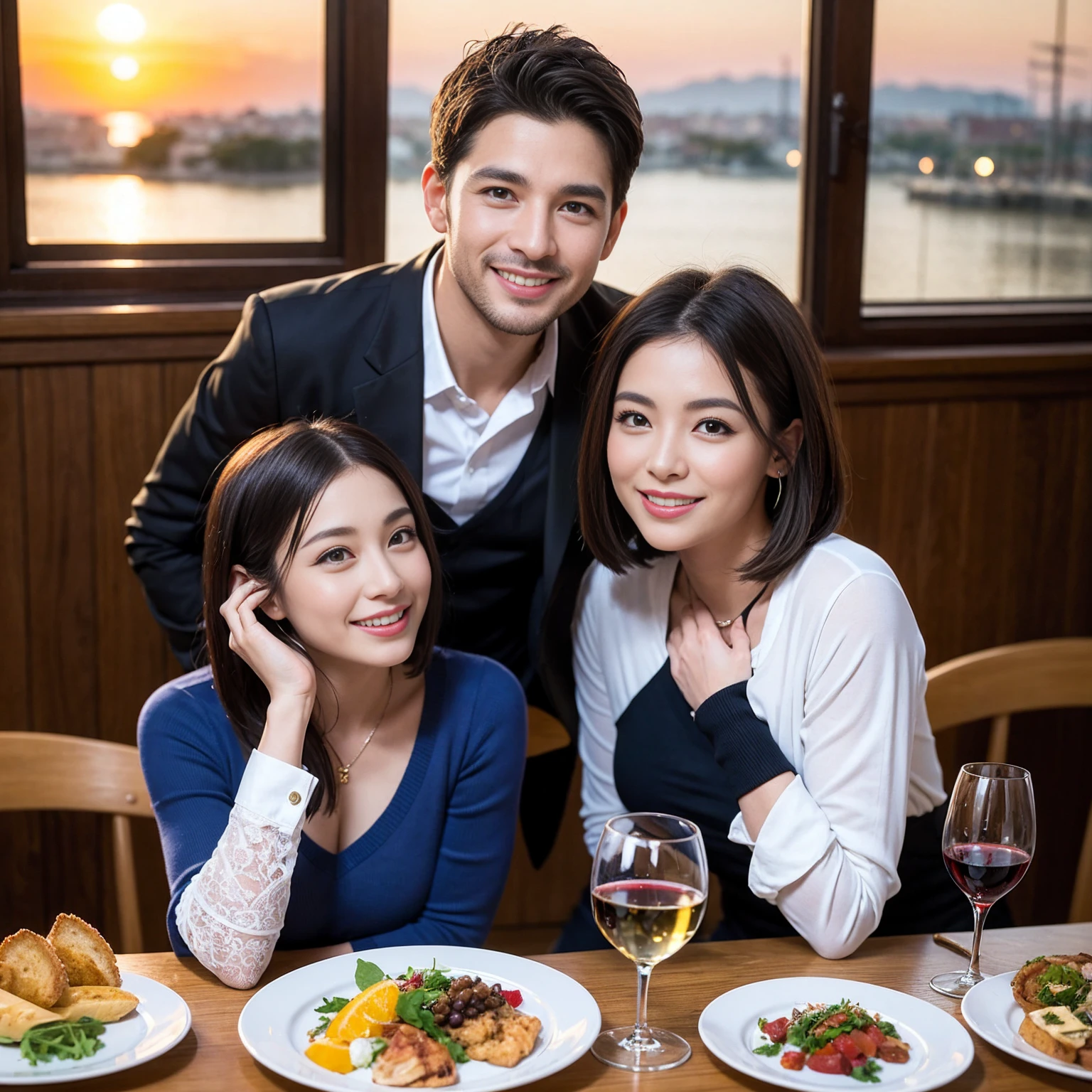 ((Highest quality、8K、masterpiece:1.3))、 (Ultra-realistic、 Genuine、Bright image、Intricate details:1.2), 最高のsmile、1 male、1 female、Beautiful couple、love love love、Roman Lovers、Good friends、actress couple、smile、Full-course dinner at a packed table、 (Slim face), (the body is slim), (Brown Hair), (short hair), テーブルのwine glass、Please shine a light on my face、 Amazing view of the sunset sky and clouds、35 years old 39 years old, red wine 、Appetizers、Wine bottle、sparkling wine、Long sleeve shirt、dress、White wine, red wine, wine glass,