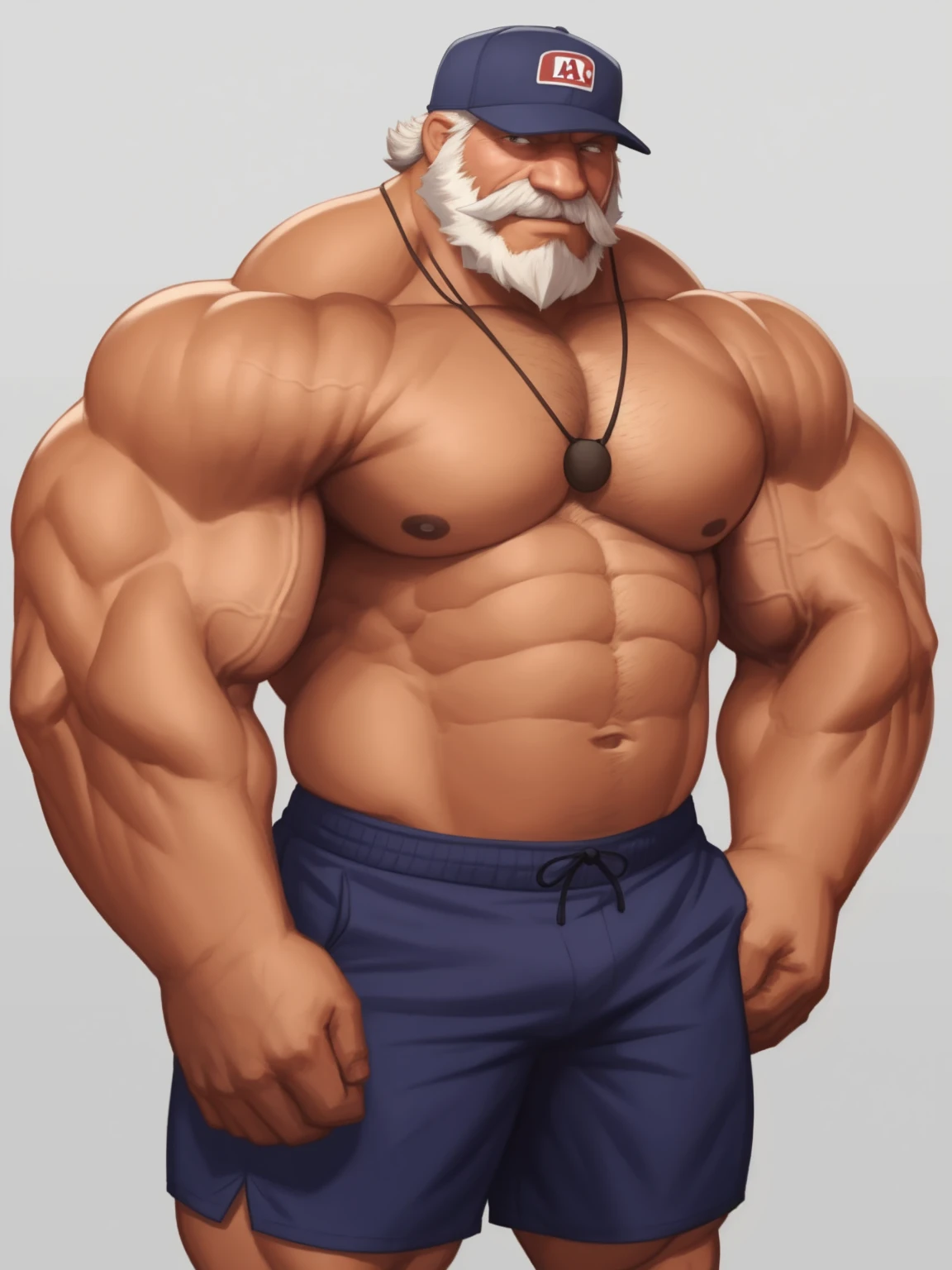 solo, 1boy, Huge Muscular Old man wearing baseball cap, right hand on head holding cap , pectoral, thick arms, huge pectoral, wide pectoral, short white hair, short pants and shirtless, bearded, simple background, masterpiece, high detailed, 8k, high resolution