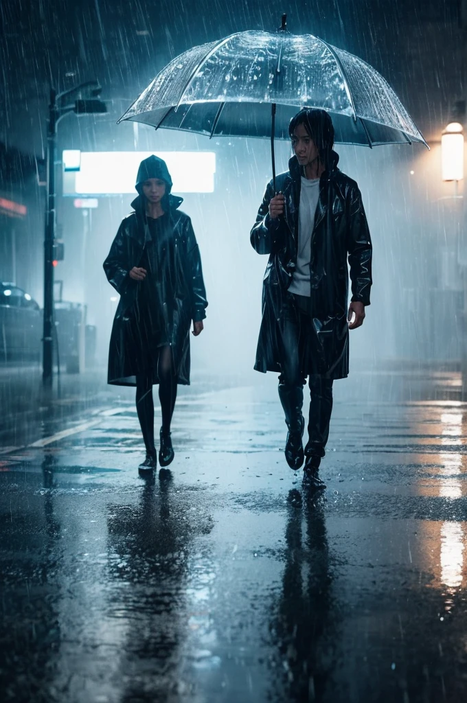 Generate an image of an invisible person in the rain. The person's form is defined by the rain falling on them, creating a shimmering, almost glass-like effect. The background should depict a futuristic, dimly lit environment with a sense of tension and mystery. The light should reflect off the invisible person's wet surface, emphasizing their shape and movement.