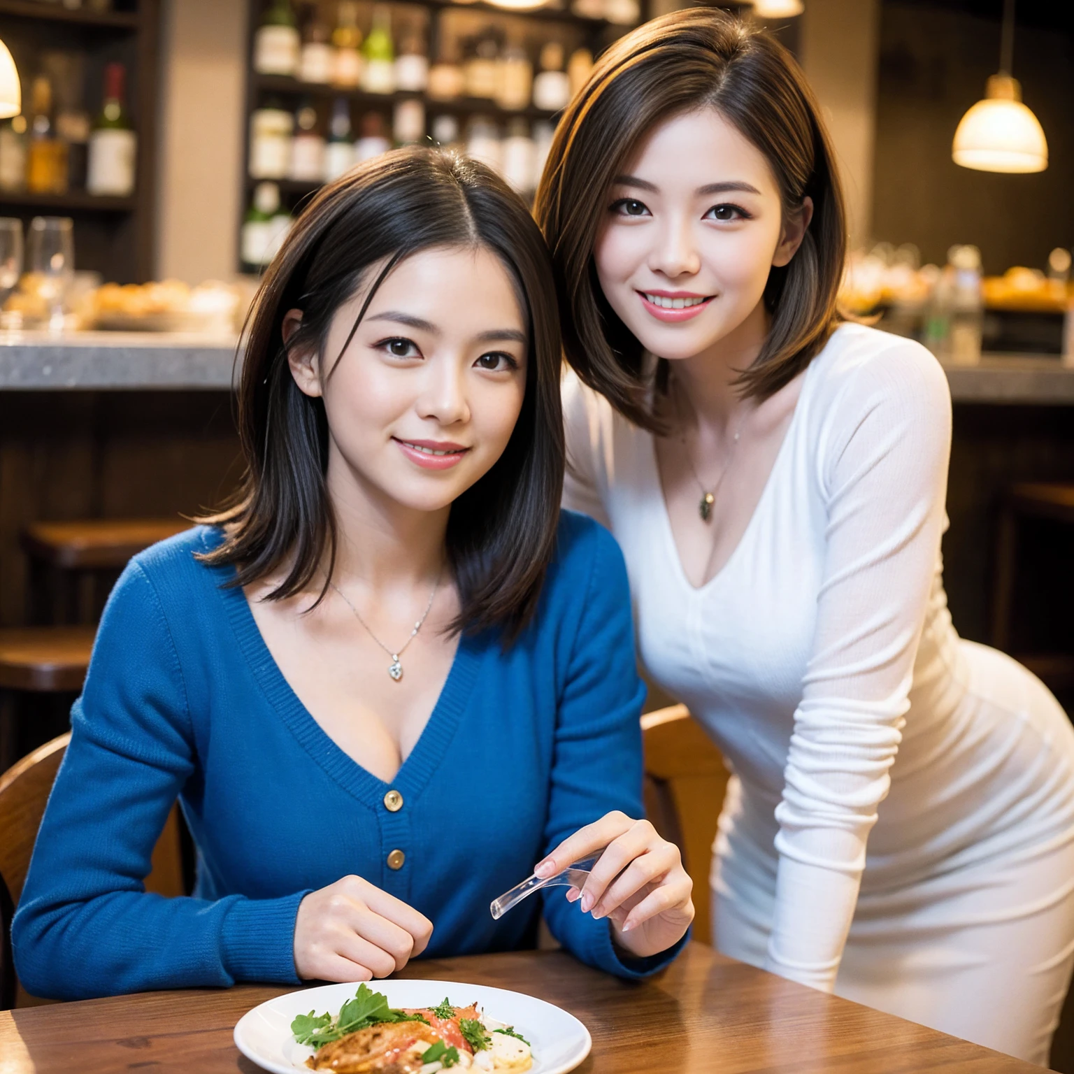 ((Highest quality、8K、masterpiece:1.3))、1 male、1 female、Couple、spouse、Couple、The body is slim、((Bob Hale、Straight hair:1.2)), (Realistic, Intricate details:1.2), テーブルの上のwine glass、Put the light on your face、 Amazing view of the sunset sky and clouds、Amazing mountain views、A bright smile、The wonderfulness of smile、Bright image、The beauty of wine, Beautiful Face, blue eyes, The light shines on your face, Blushing, short hair,Bright Face、 (7), 39 years old, red wine 、Appetizers、Italian food、Wine bottle、Champagne、sparkling wine、Two beauties、Brown Hair、Shortcuts、Long sleeve shirt、dress、Beautiful woman 1, (slimな顔), (The body is slim), (Brown Hair), (Shortcuts), cheeks turn a little red,Attractive beauty、restaurant, In a prominent place (From the waist up) Nova Frog Style, actress, model, Upper Body, White wine, slim, wine glass, 中央に置かれたwine glass, smile, (smile: 1.15), Beautiful fine grain, Depth f/2,saturation, High Contrast, Strong light and shadow,Moist Body:1.5、3D texture、Delicate eyes、Brown Hair、The hair is very shiny、